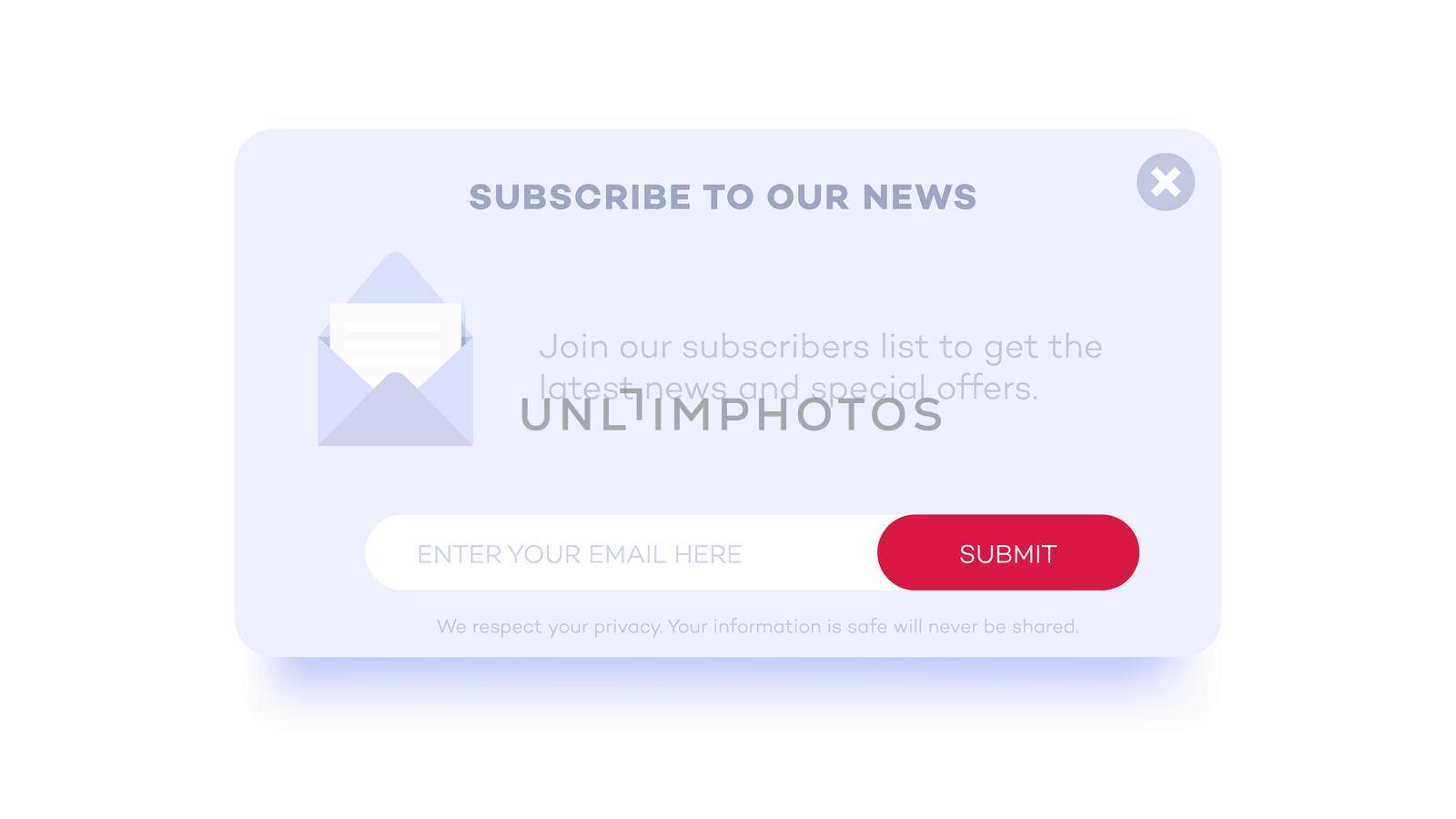 Email subscribe to latest news. Website element with e-mail subscribition Popup form. Web template for subscribition page design. Clean and simple vector illustration.