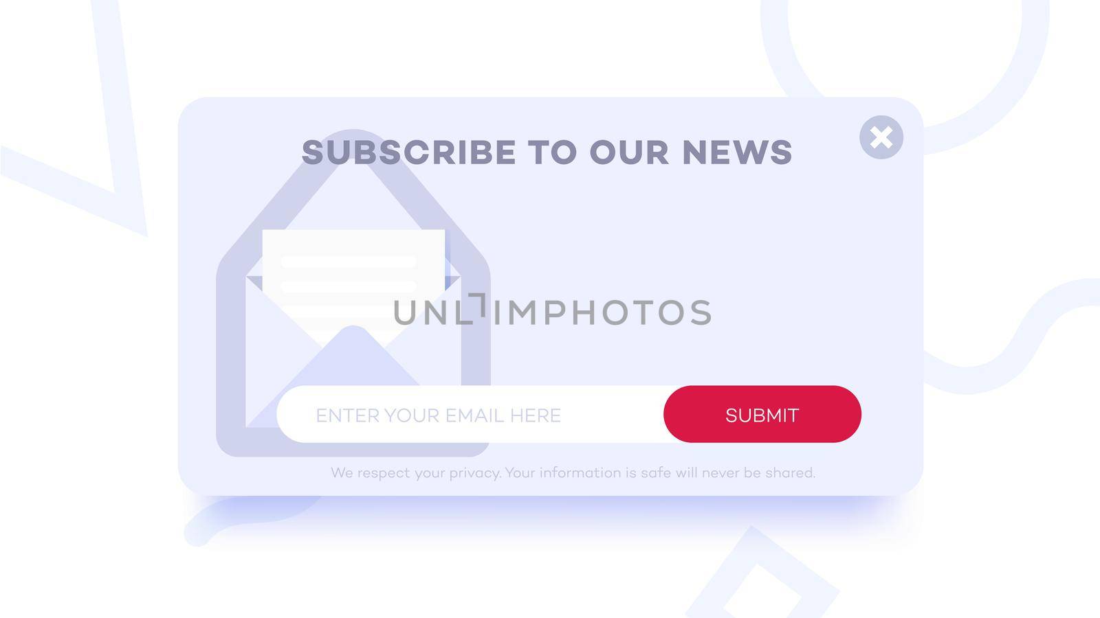 Email subscribe to latest news. Website element with e-mail subscribition Popup form. Web template for subscribition page design. Clean and simple vector illustration.