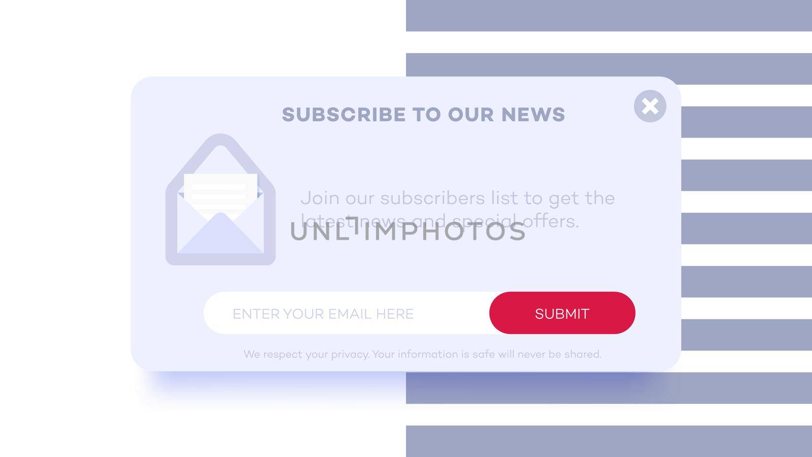 Email subscribe to latest news. Website element with e-mail subscribition Popup form. Web template for subscribition page design. Clean and simple vector illustration.