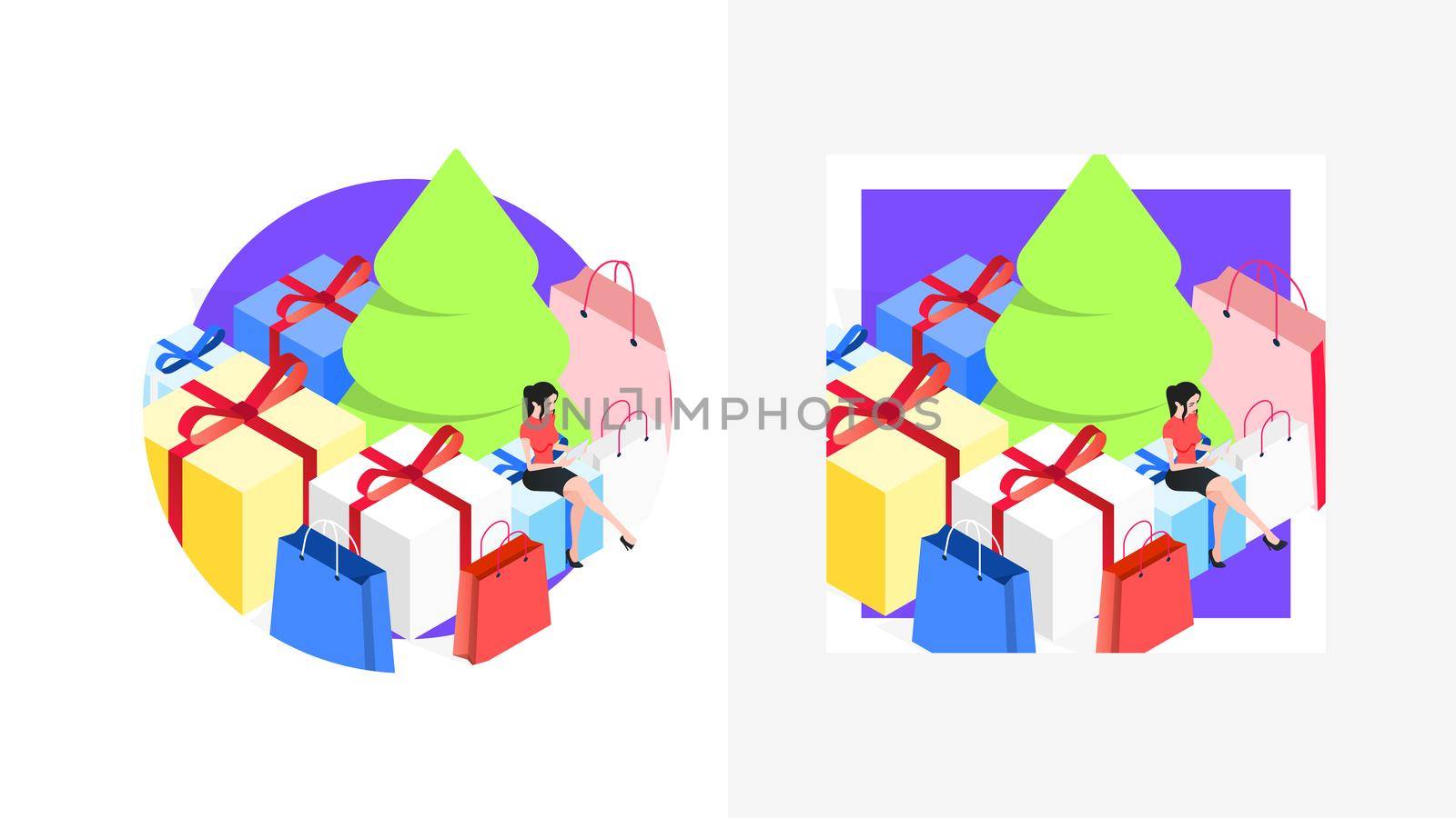Young woman sits on Christmas gift boxes and selects purchases via a tablet. Xmas sale concept. Isometric vector illustration.