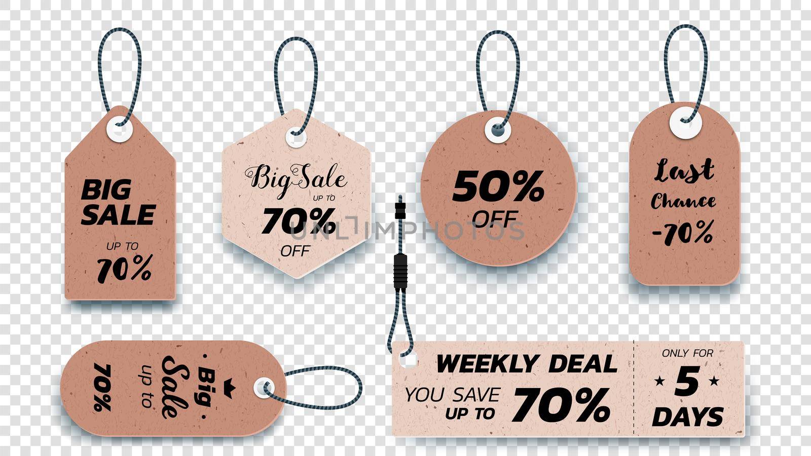 Realistic Carton Hanging Sale Tags. Set Of Isolated Vector Paper Sale Labels. Christmas Sale Tags. Vector Design Elements.