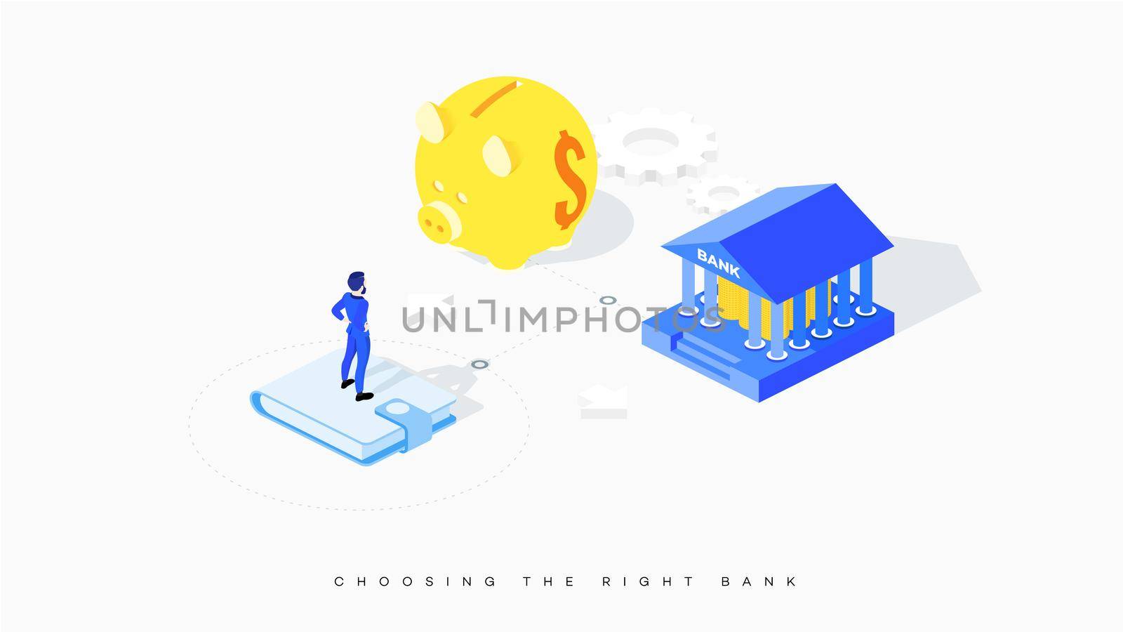 Confused businessman faces choice between bank and piggy bank. Conceptual vector illustration of metaphor of unequal benefit. The businessman is puzzled by the question of choosing the right bank.