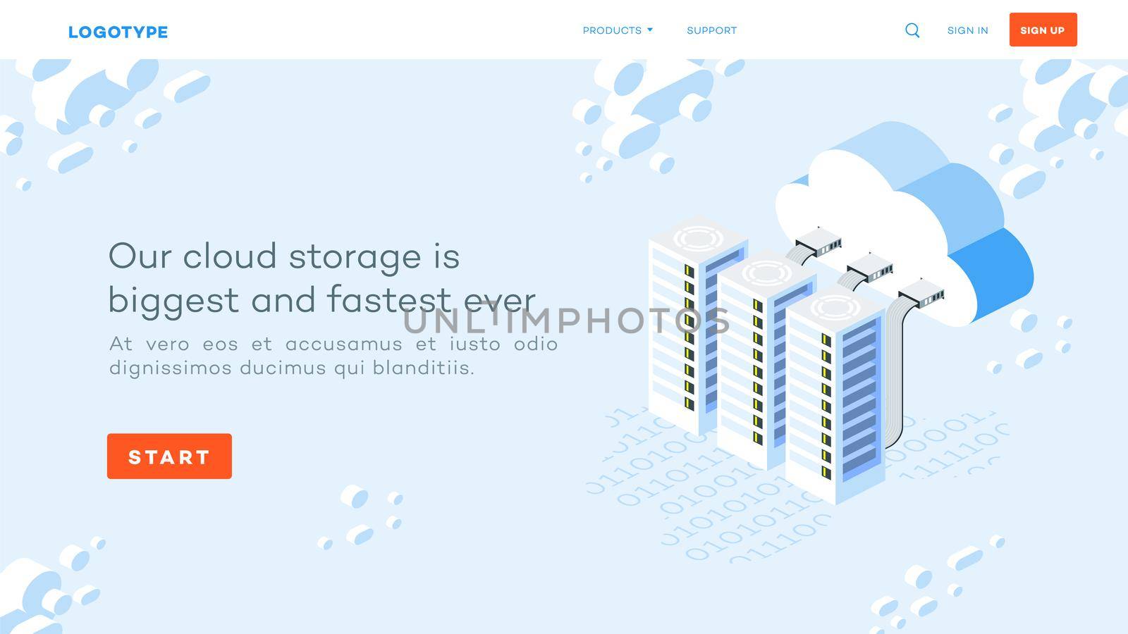 Isometric datacenter, conceptual cloud hosting illustration. Abstract cloud with server rack on cloudscape backround. Web page template.