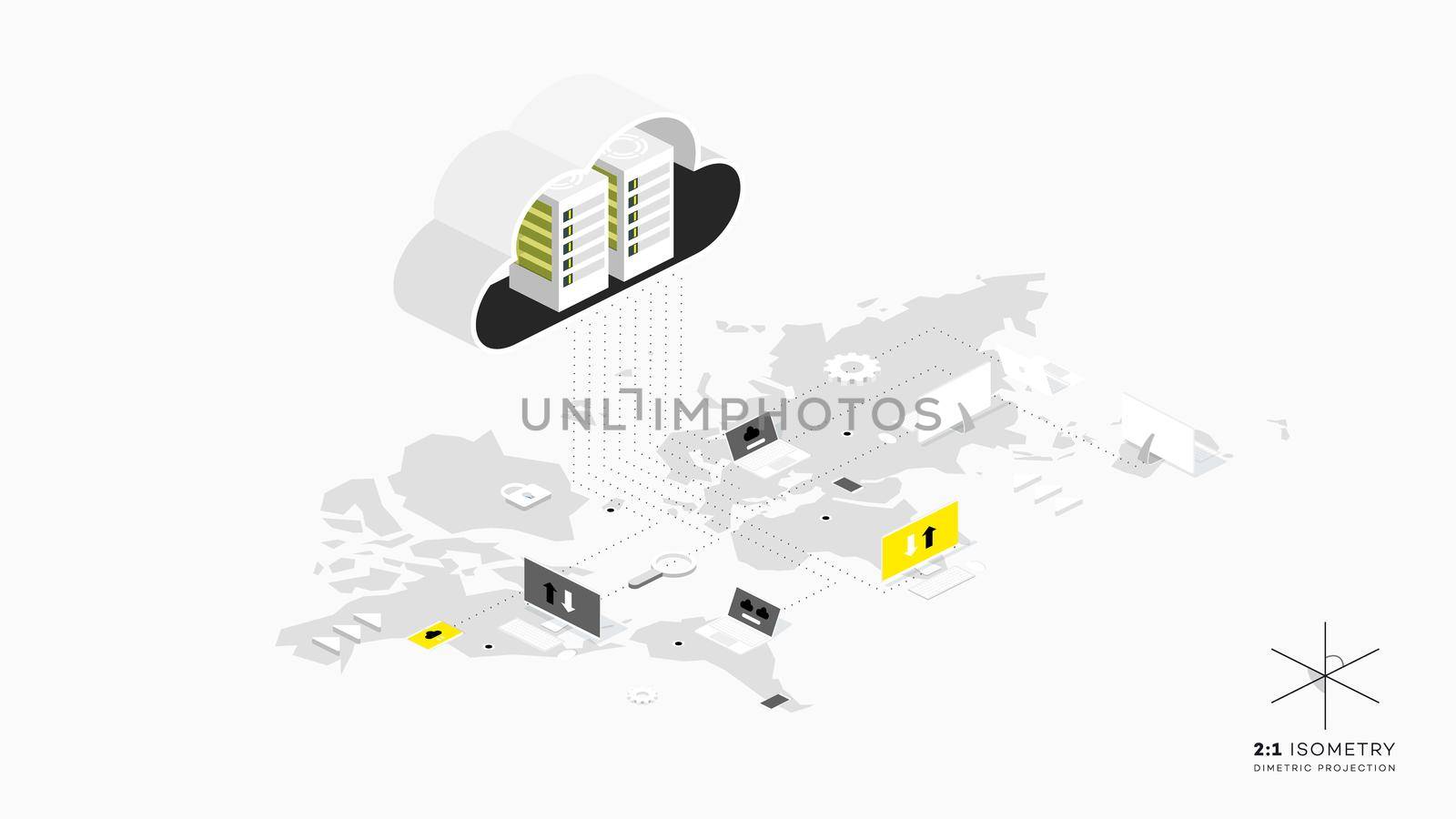 Isomertic cloud storage. Web hosting concept. Infographic vector illustration with cloud technologies. Server rack and connected laptops. Web template for hosting center.