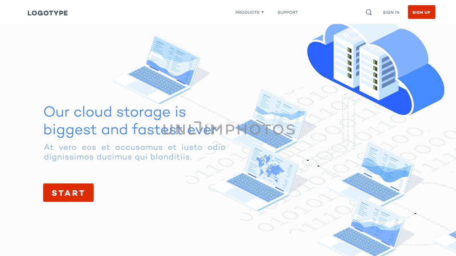 Isomertic cloud storage. Web hosting concept. Infographic vector illustration with cloud technologies. Server rack and connected laptops. Web template for hosting center.