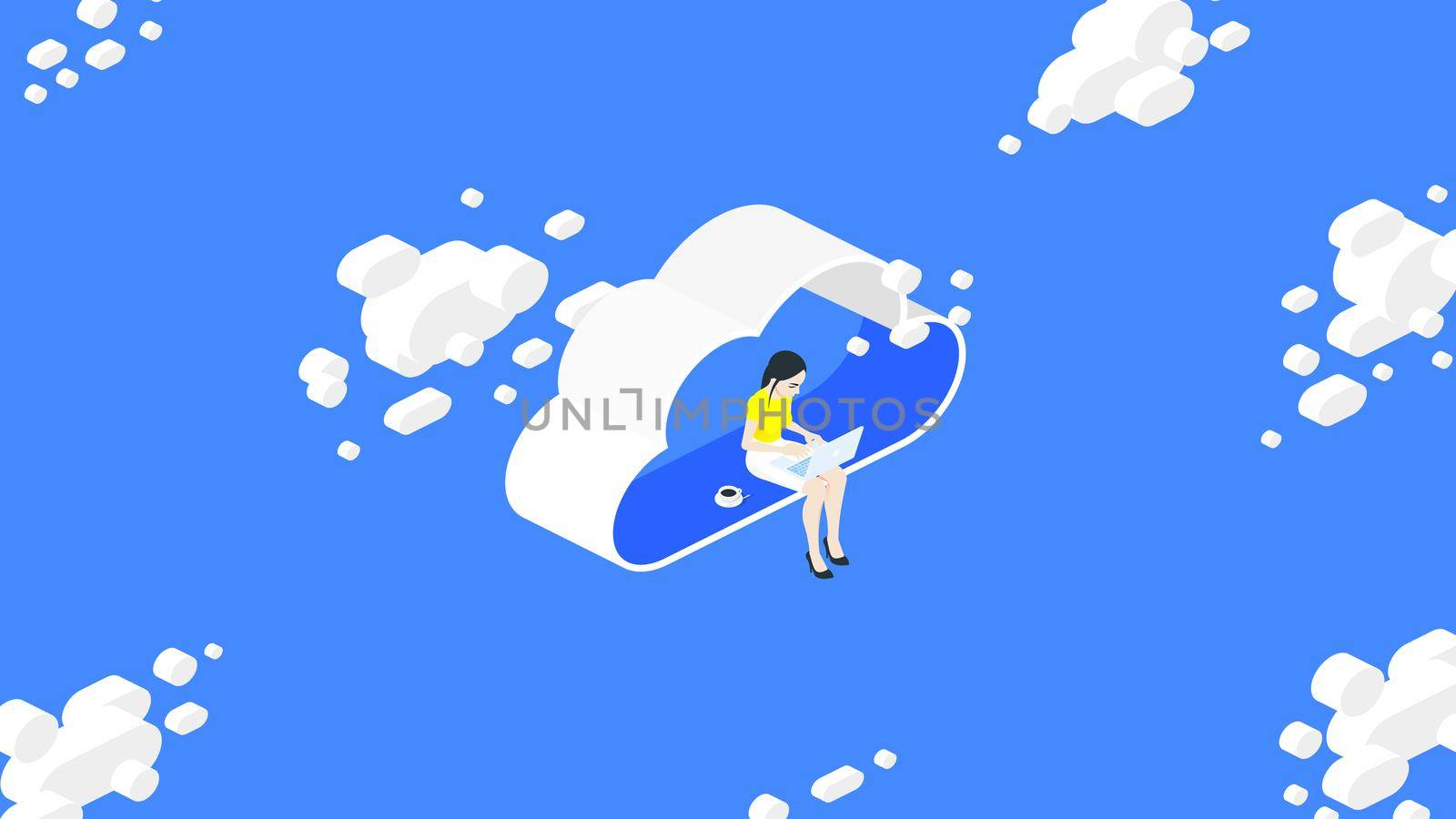 Isometric cloud office. Woman with laptop sit on cloud. Web hosting and file sharing concept. Cloud computing technology vector illustration.