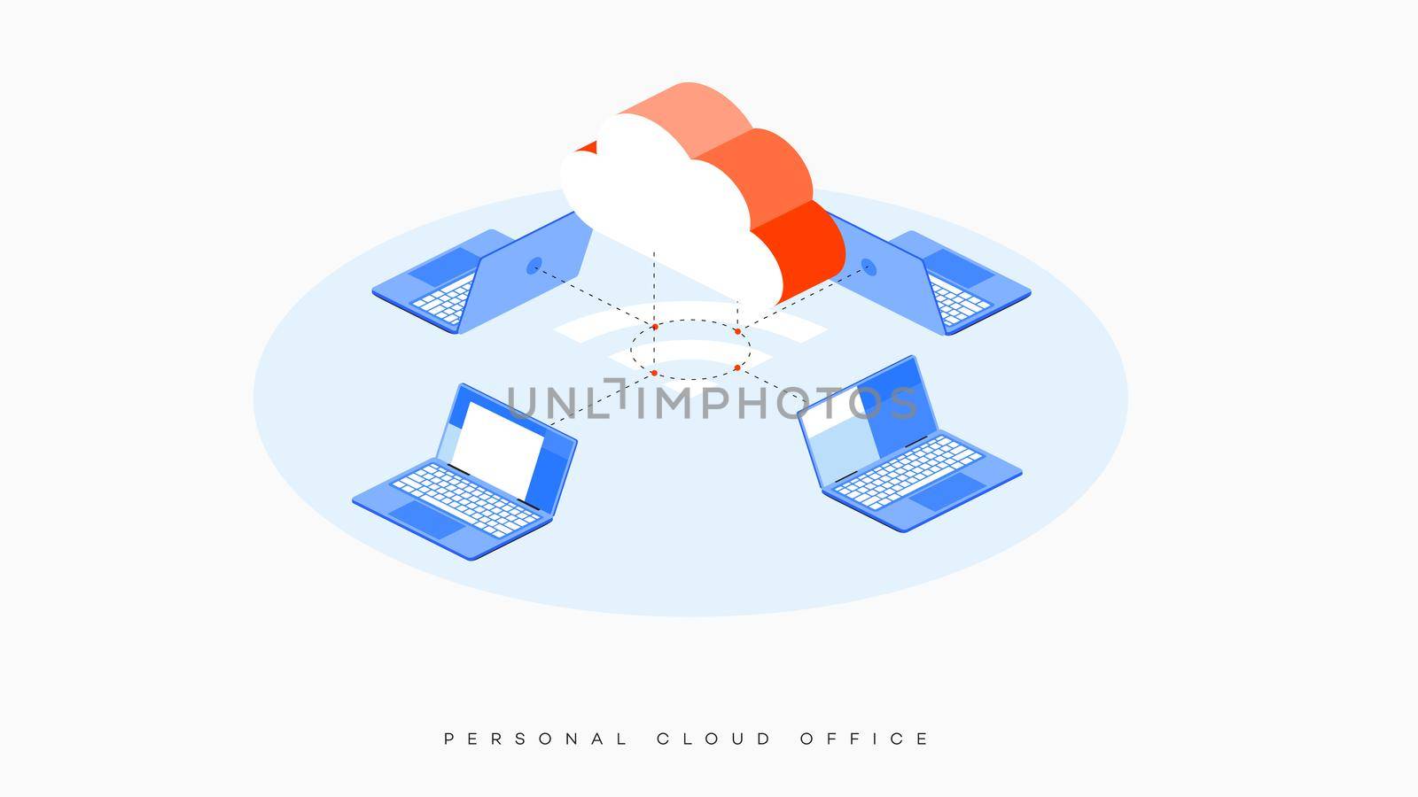 Infographic vector illustration of cloud hosting. Cloud storage and connected laptops as a secure cloud office metaphor. Isometric Wi-Fi symbol. Simple and clean modern design.