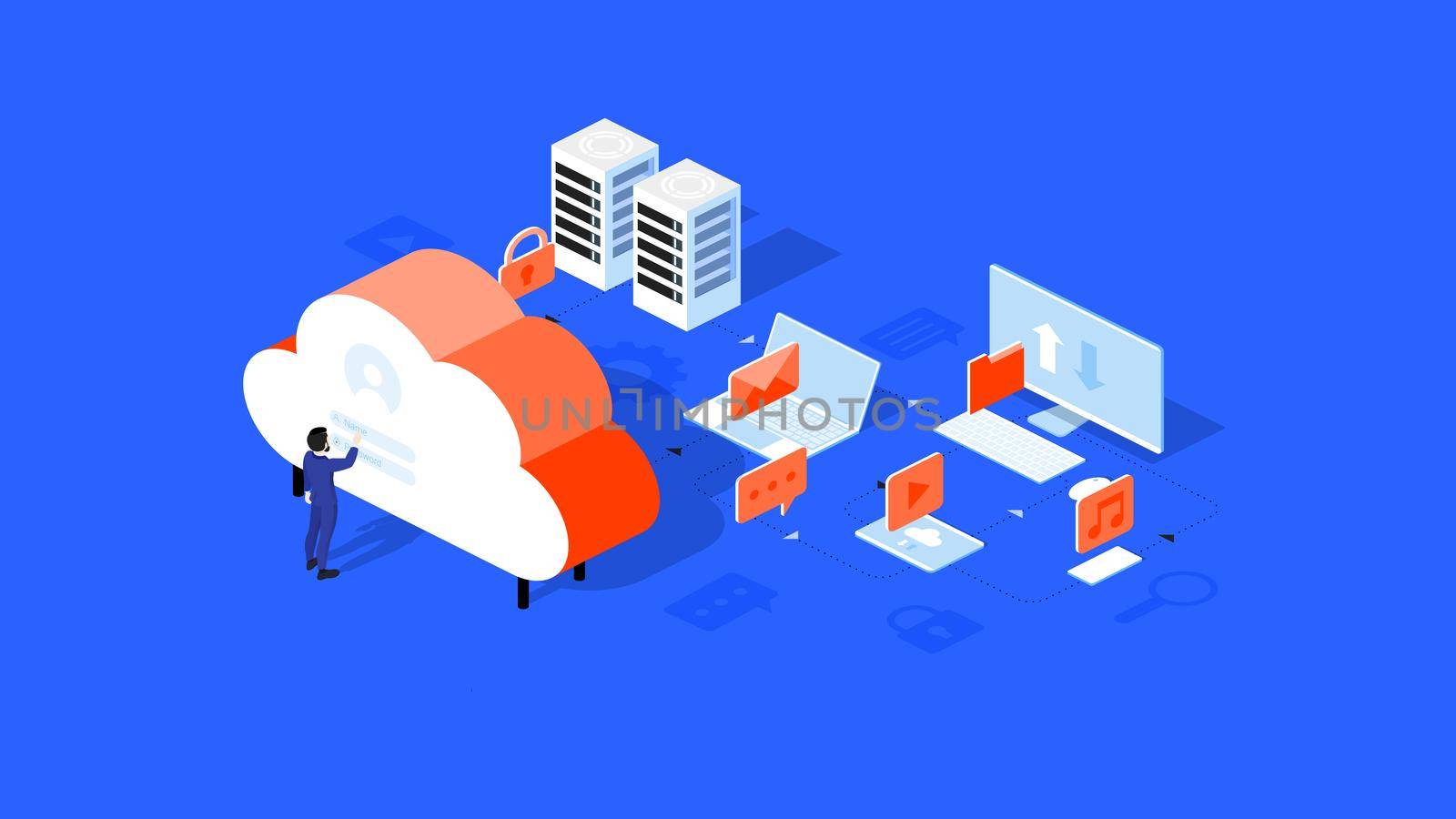 Infographic vector cloud hosting illustration. Connected devices share files music emails videos. Computer laptop tablet smartphone connected to abstract cloud. Businessman logs in.
