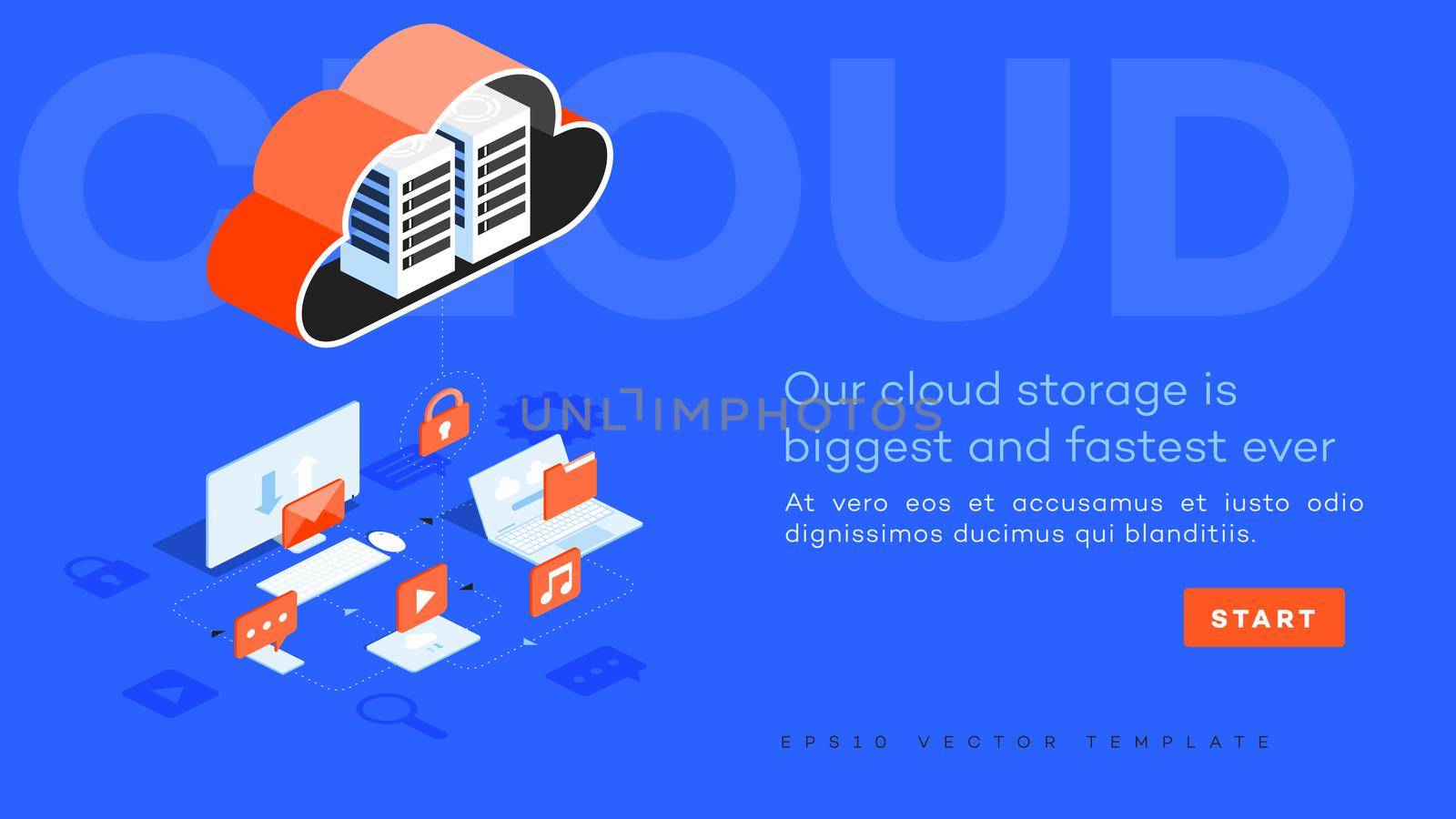 Infographic vector cloud data center illustration. Connected devices share files music emails videos icons. Computer laptop tablet smartphone connected to abstract cloud. Cloud networking concept.