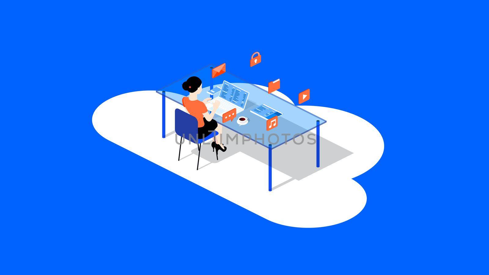 A woman sits at a table and works with the team through a cloud service. Conceptual isometric vector illustration.