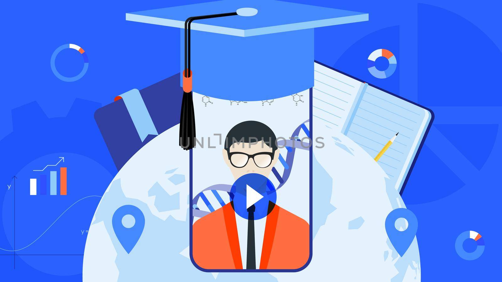Conceptual e-learning flat vector ilustration. Distance education as solution for worldwide online learning.