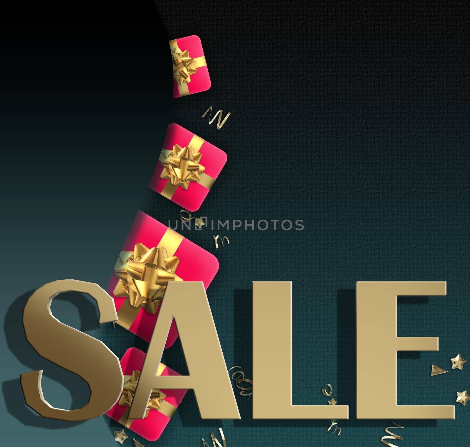Winter sale concept with gold word Sale, realistic gift boxes over black red. 3D render. Black Friday shopping
