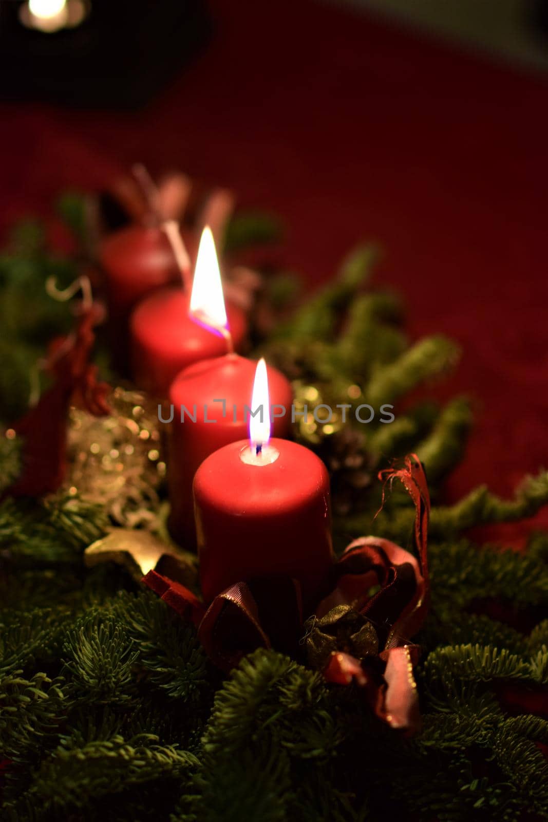 close up of an Advent arrangement with 2 burning candles by Luise123