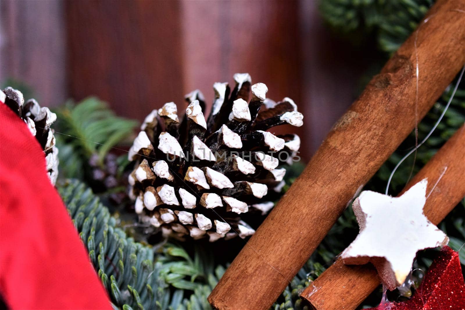 Fir branch with a pine cone and cinnamon sticks as a close up