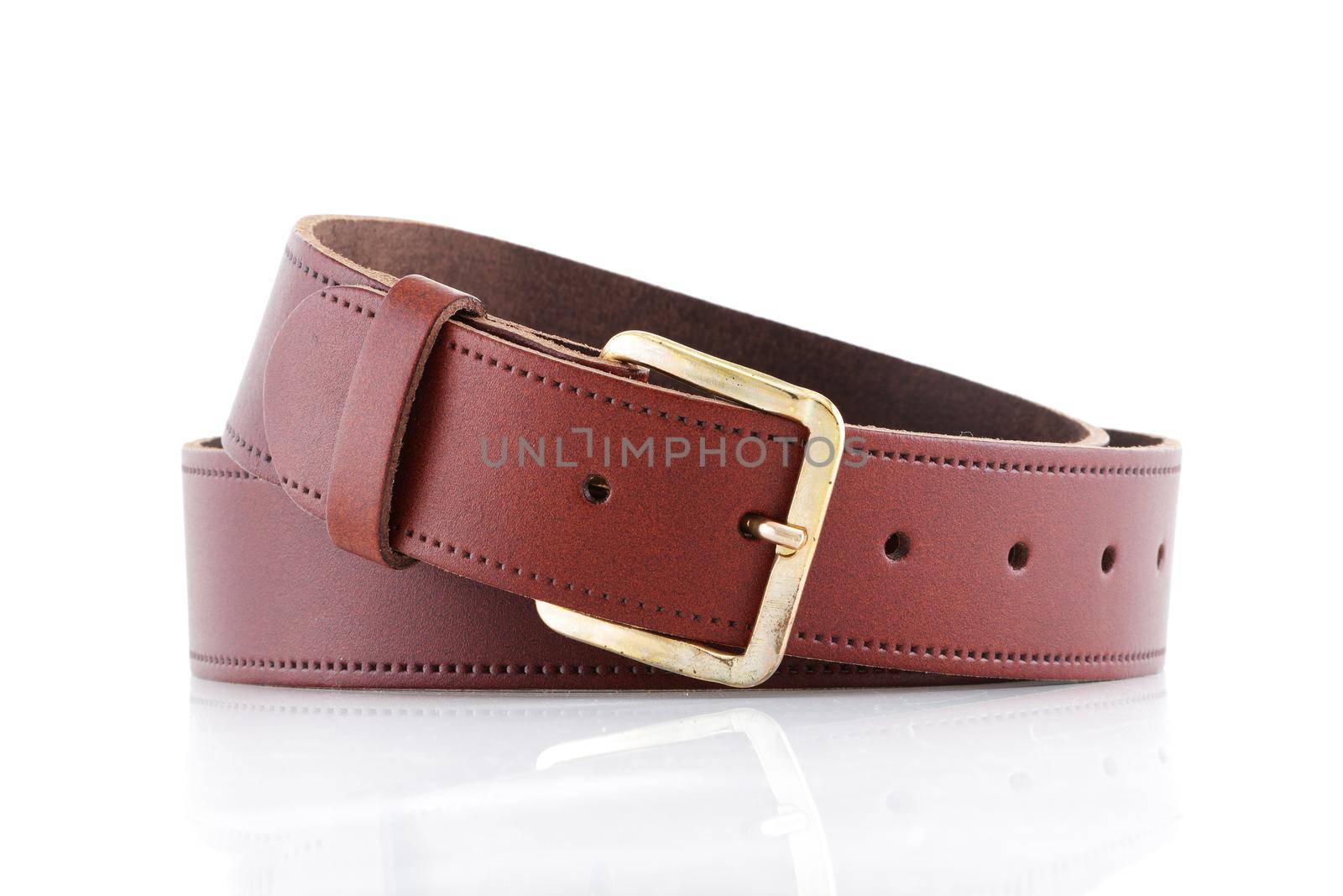 A brown leather belt on a white background with front reflection