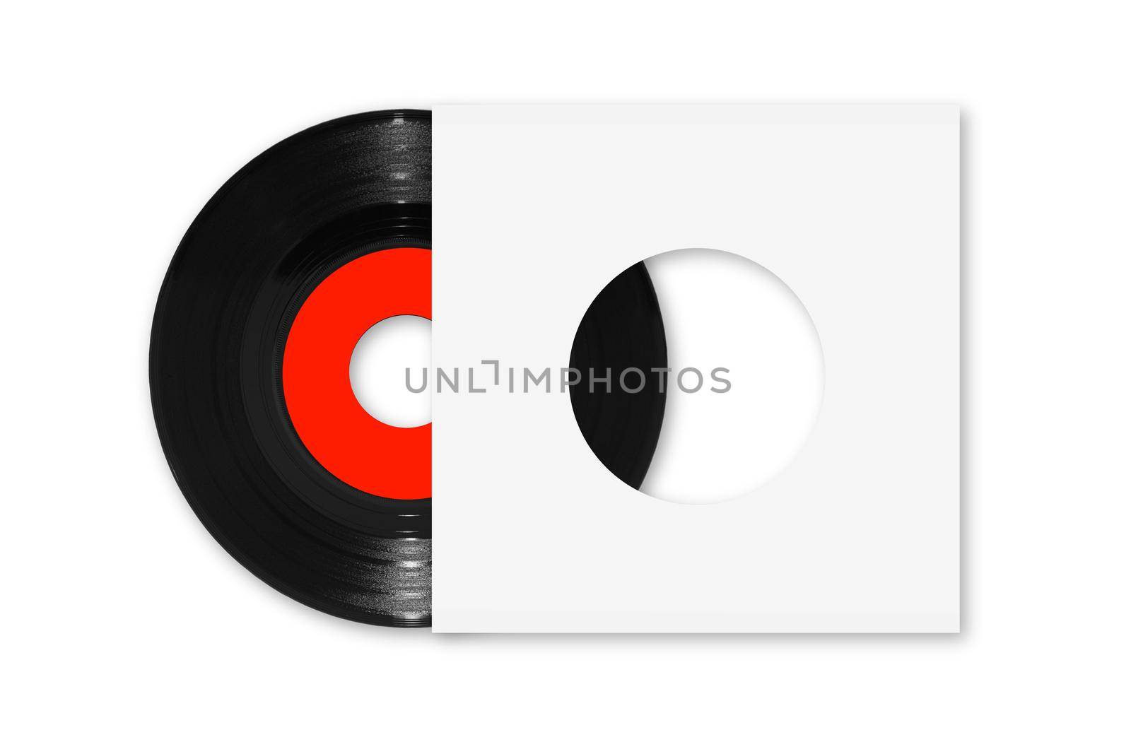 A 45rpm single vinyl record with red label and white sleeve on white with clipping path