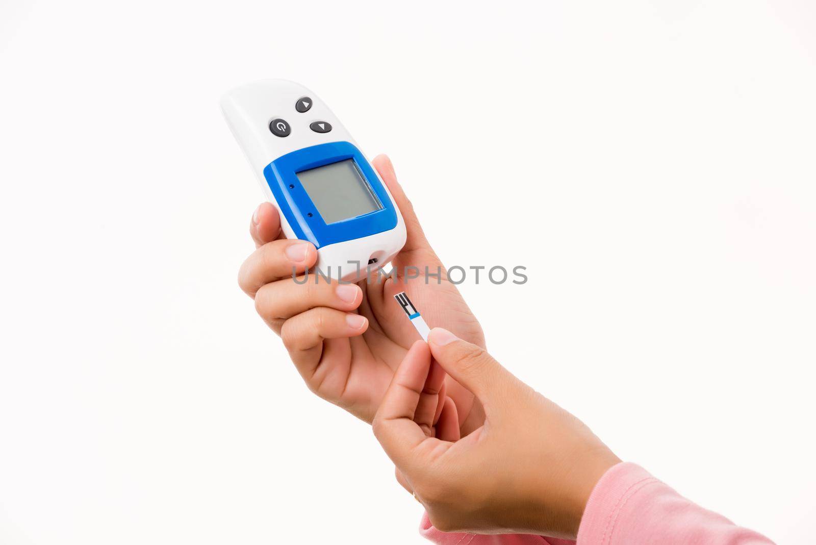 Closeup hand woman measuring glucose test level checking on finger by glucometer she monitor and control high blood sugar diabetes and glycemic health care medical concept isolated on white background