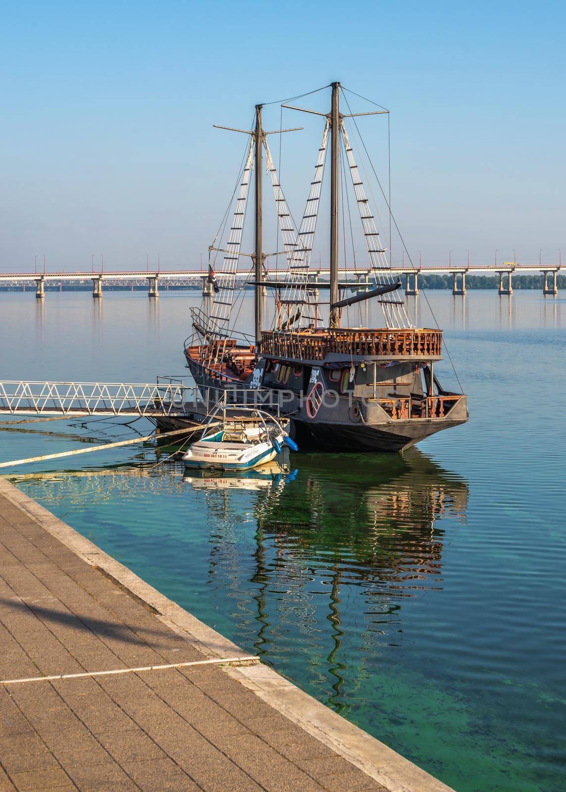 Pleasure boats on the Dnipro embankment in Ukraine by Multipedia