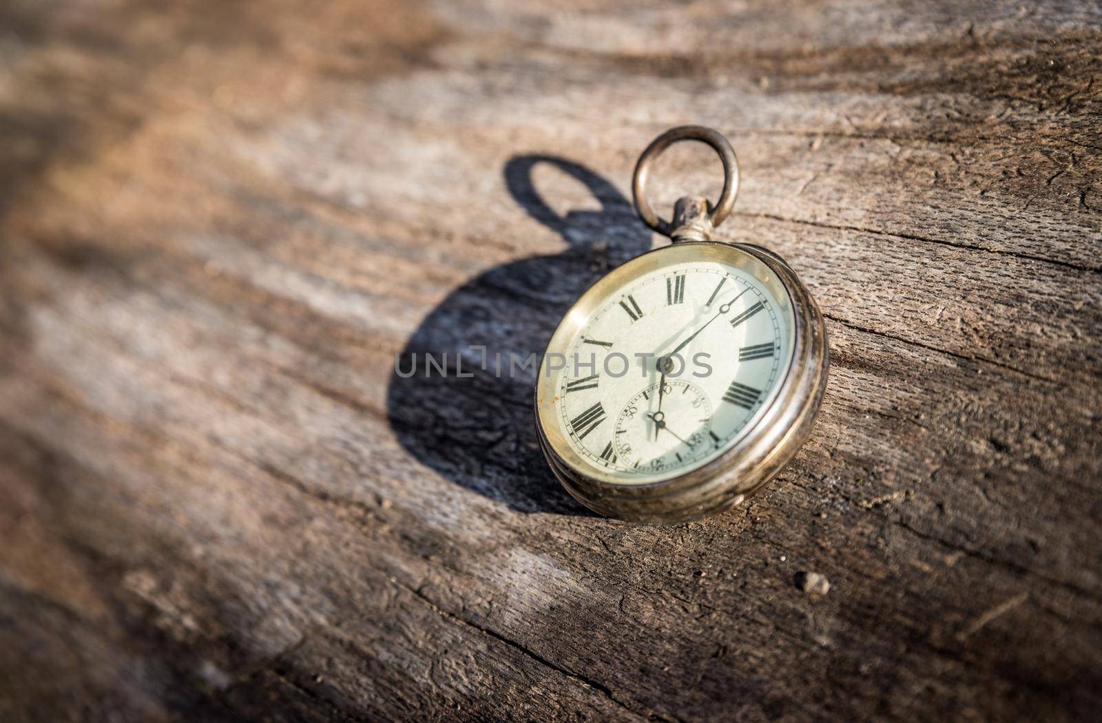 Vintage watch lies on a wood board, autumn time