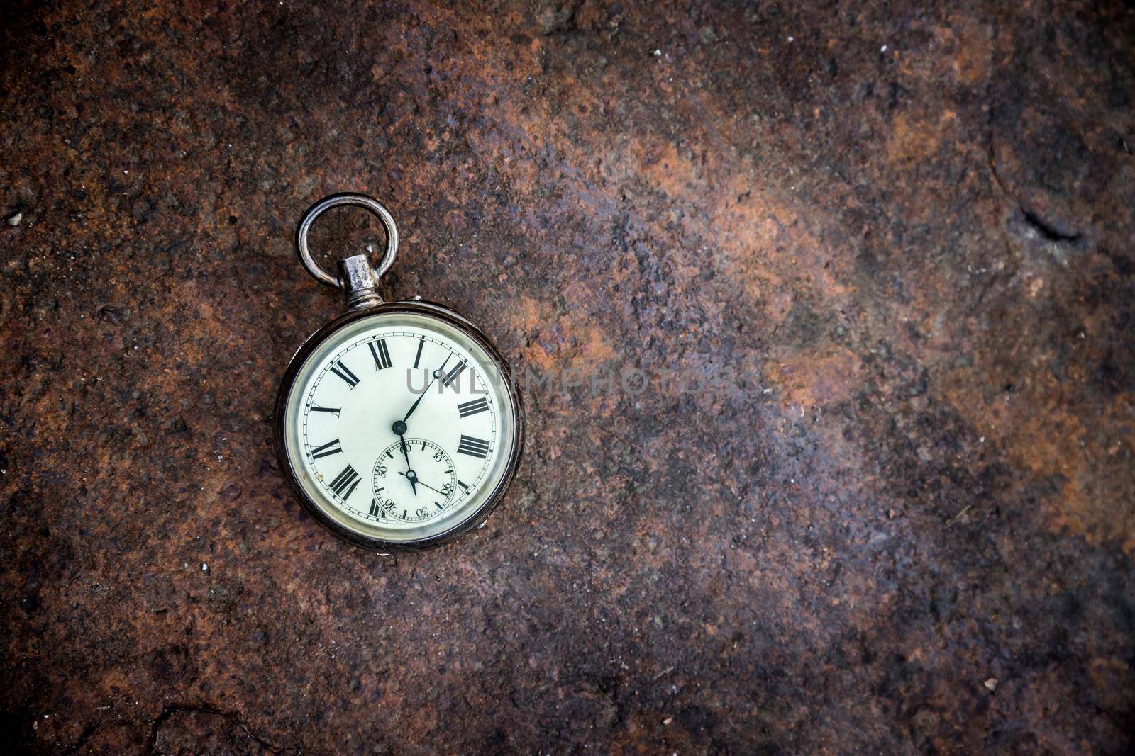 Vintage watch lies on a wood board, autumn time