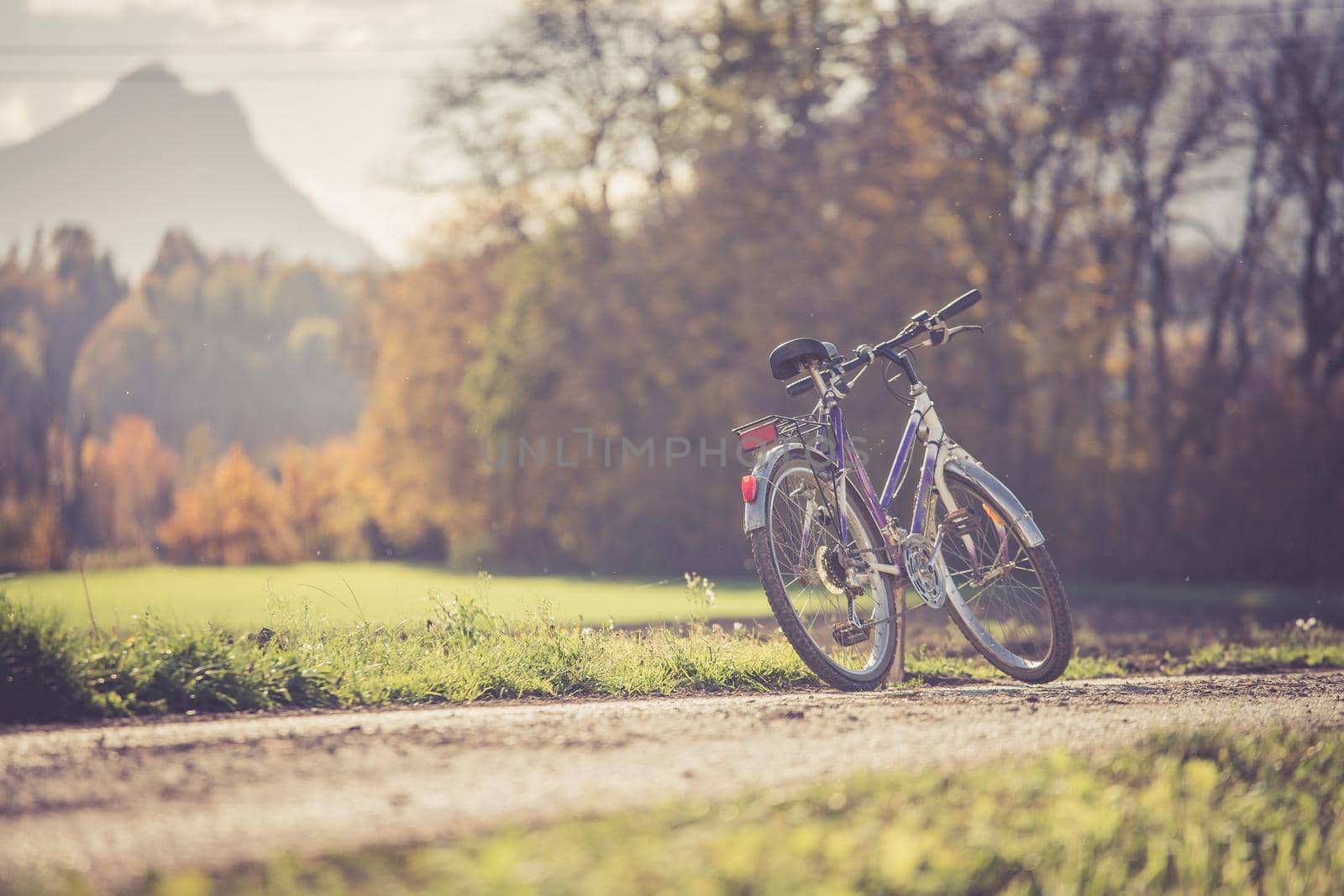 Parked bicycle on a field, autumn time