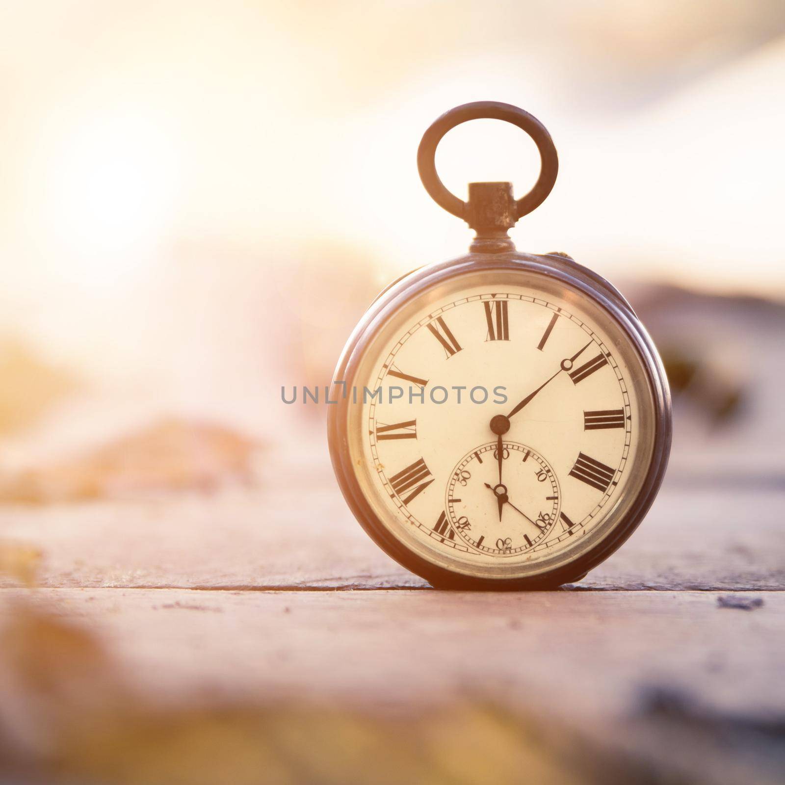 Vintage pocket watch on a wood board, colourful leaves, autumn