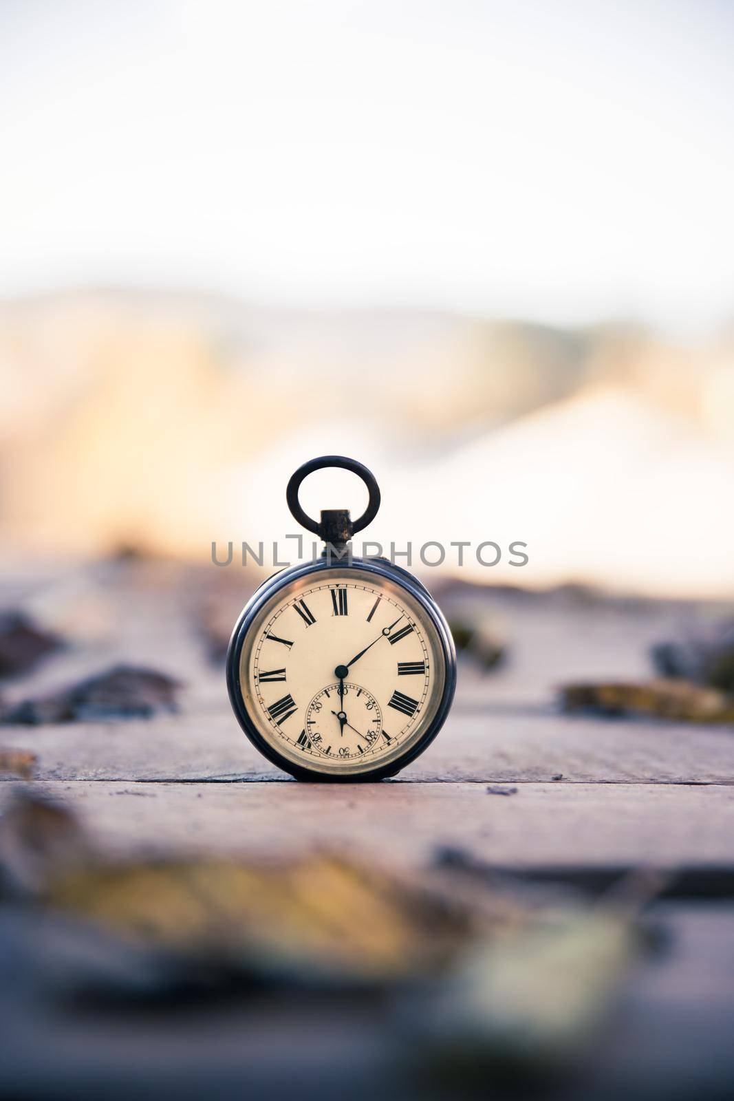 Vintage pocket watch on a wood board, colourful leaves, autumn