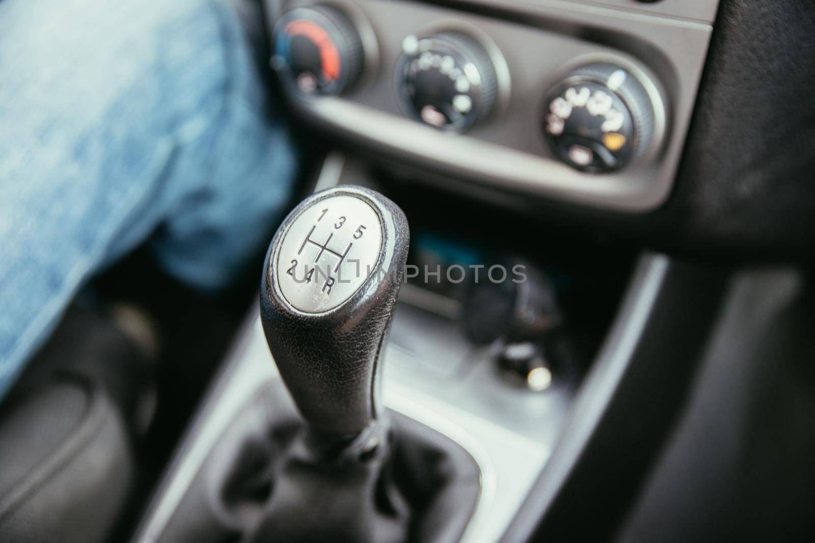 Close up of a shift lever, sports car