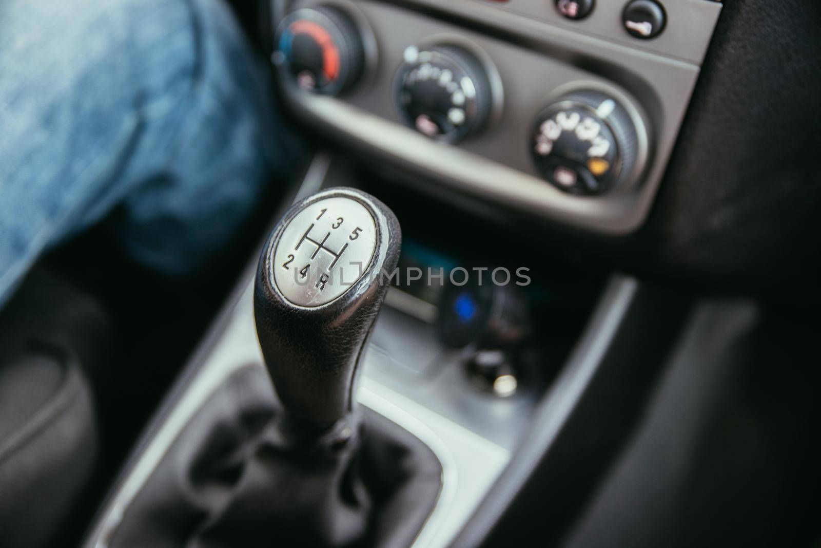 Close up of a shift lever, sports car