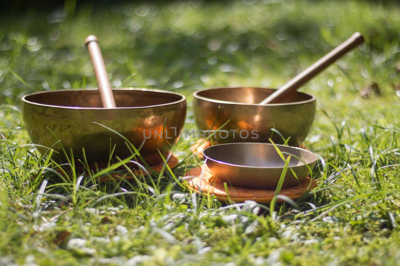 Set of metal singing bowls in the grass of the own garden, zen