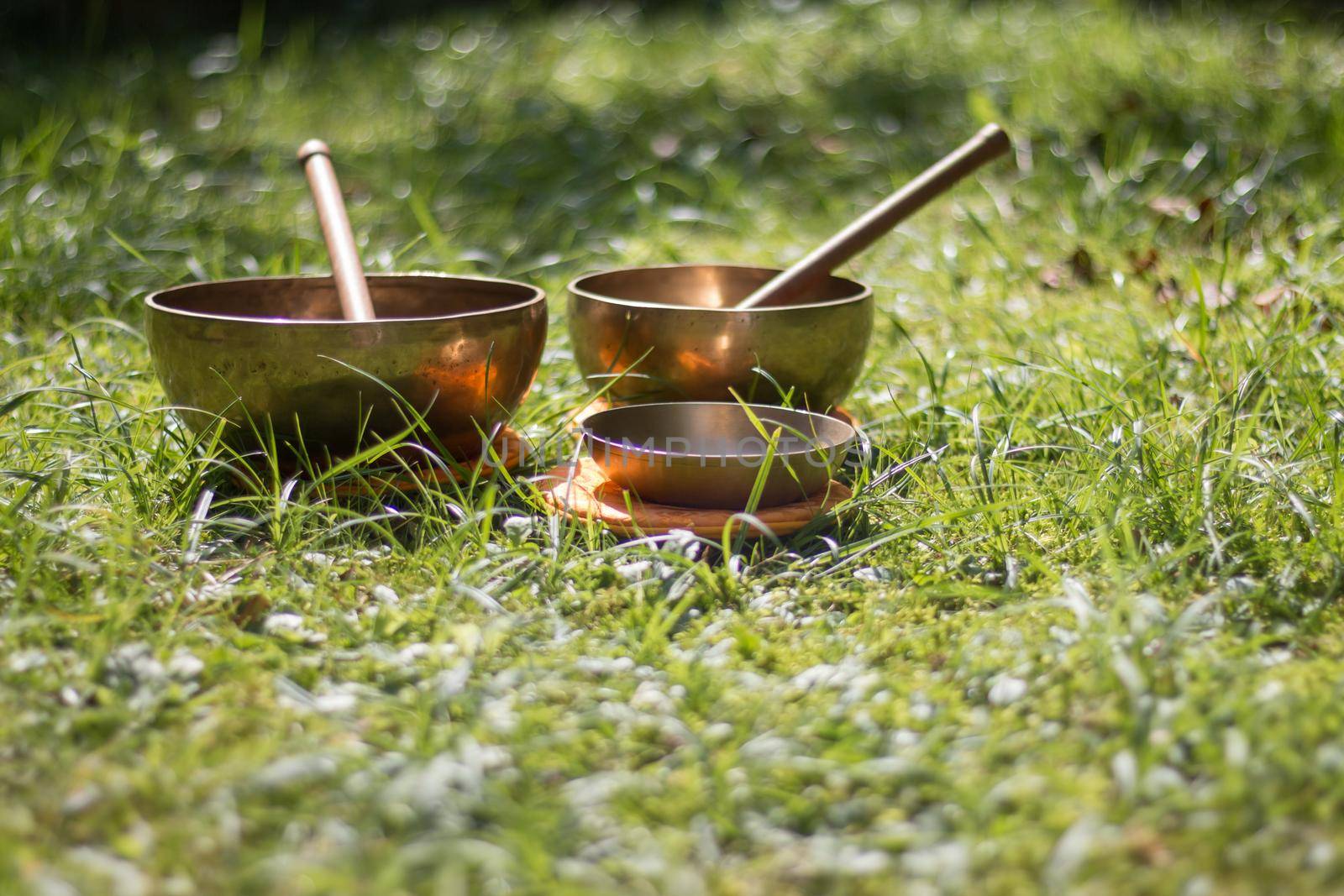 Set of metal singing bowls in the grass of the own garden, zen