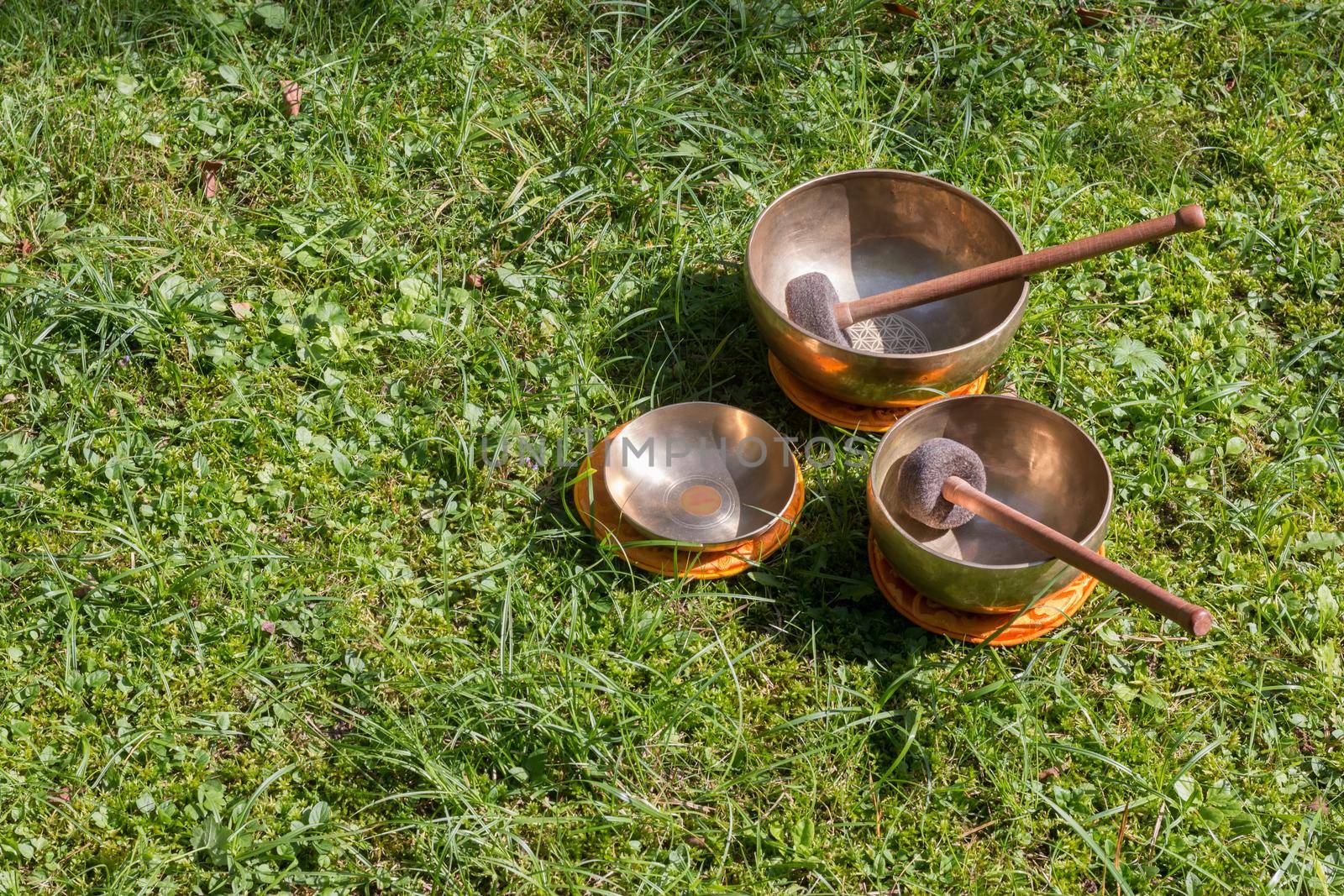 Set of metal singing bowls in the grass of the own garden, zen