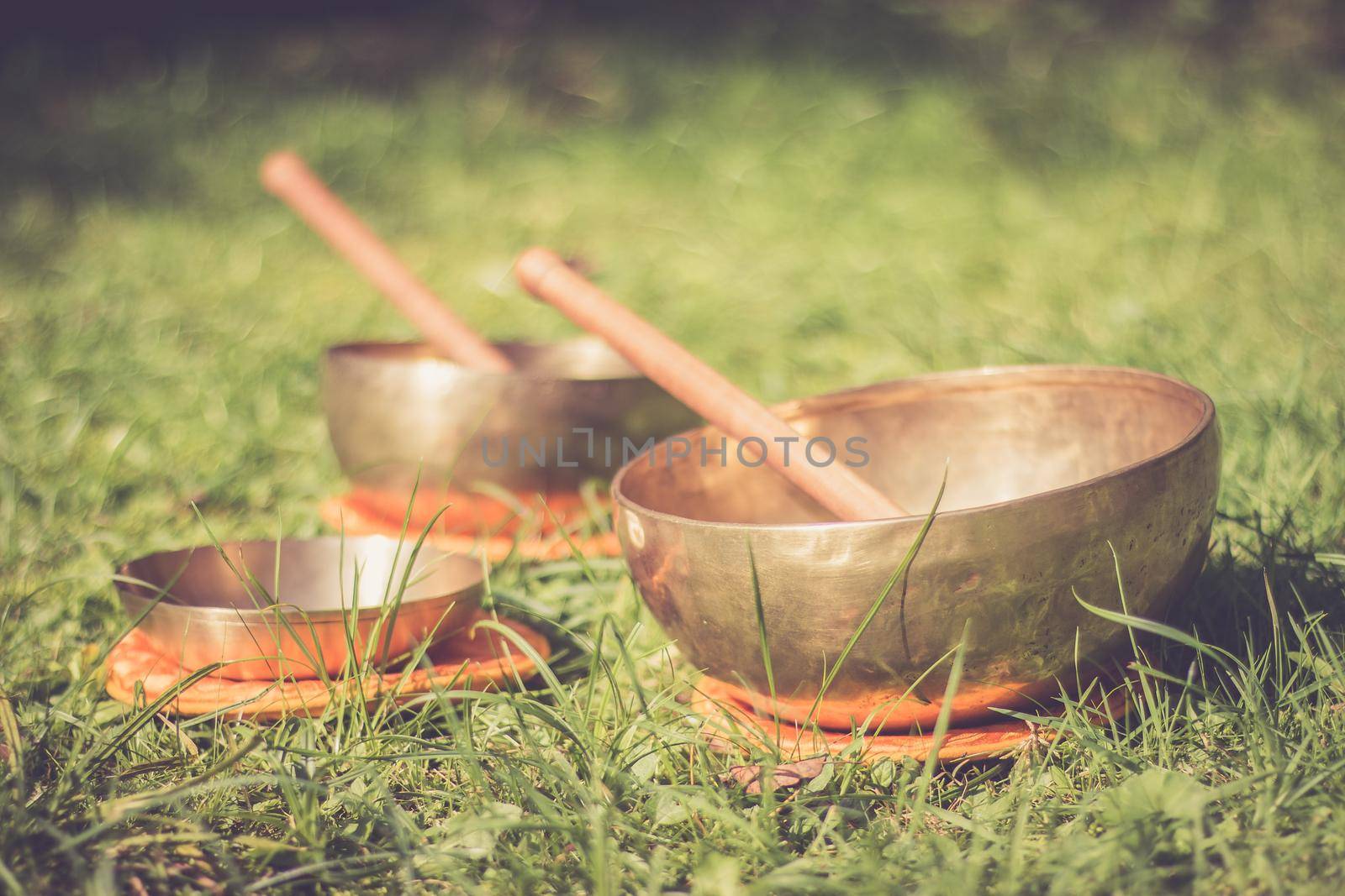 Set of metal singing bowls in the grass of the own garden, zen