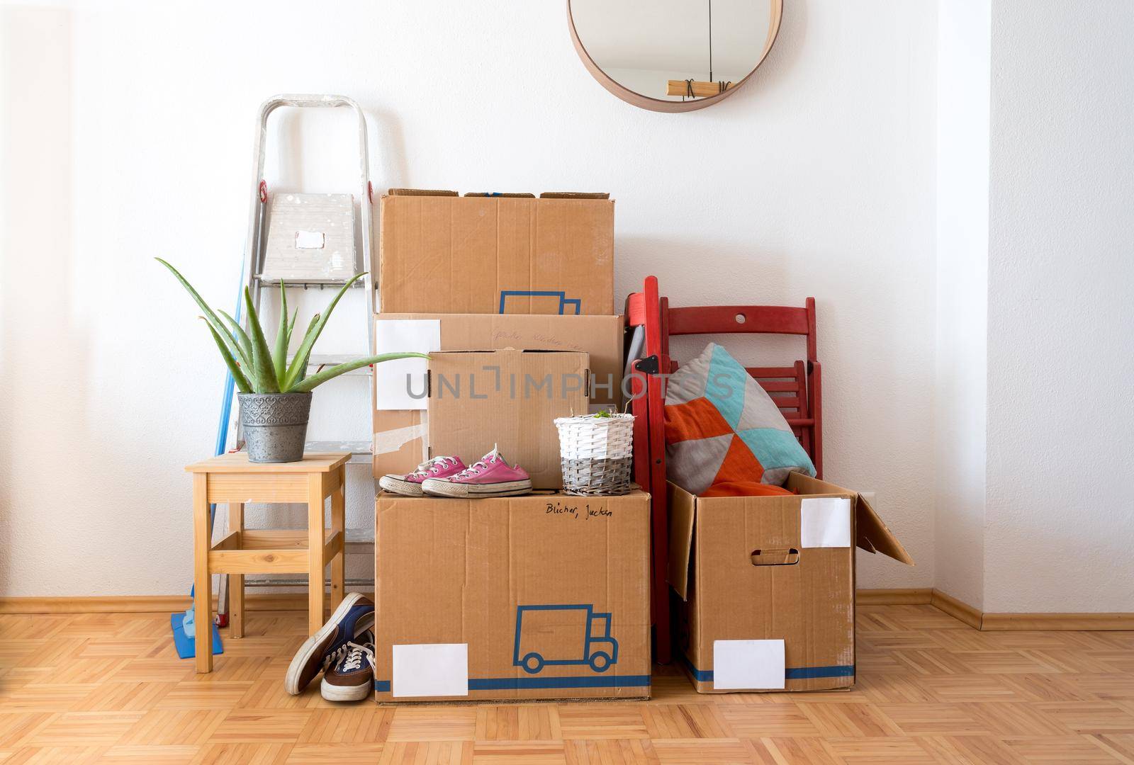 Move. Cardboard boxes, cleaning stuff and things for moving into a new home