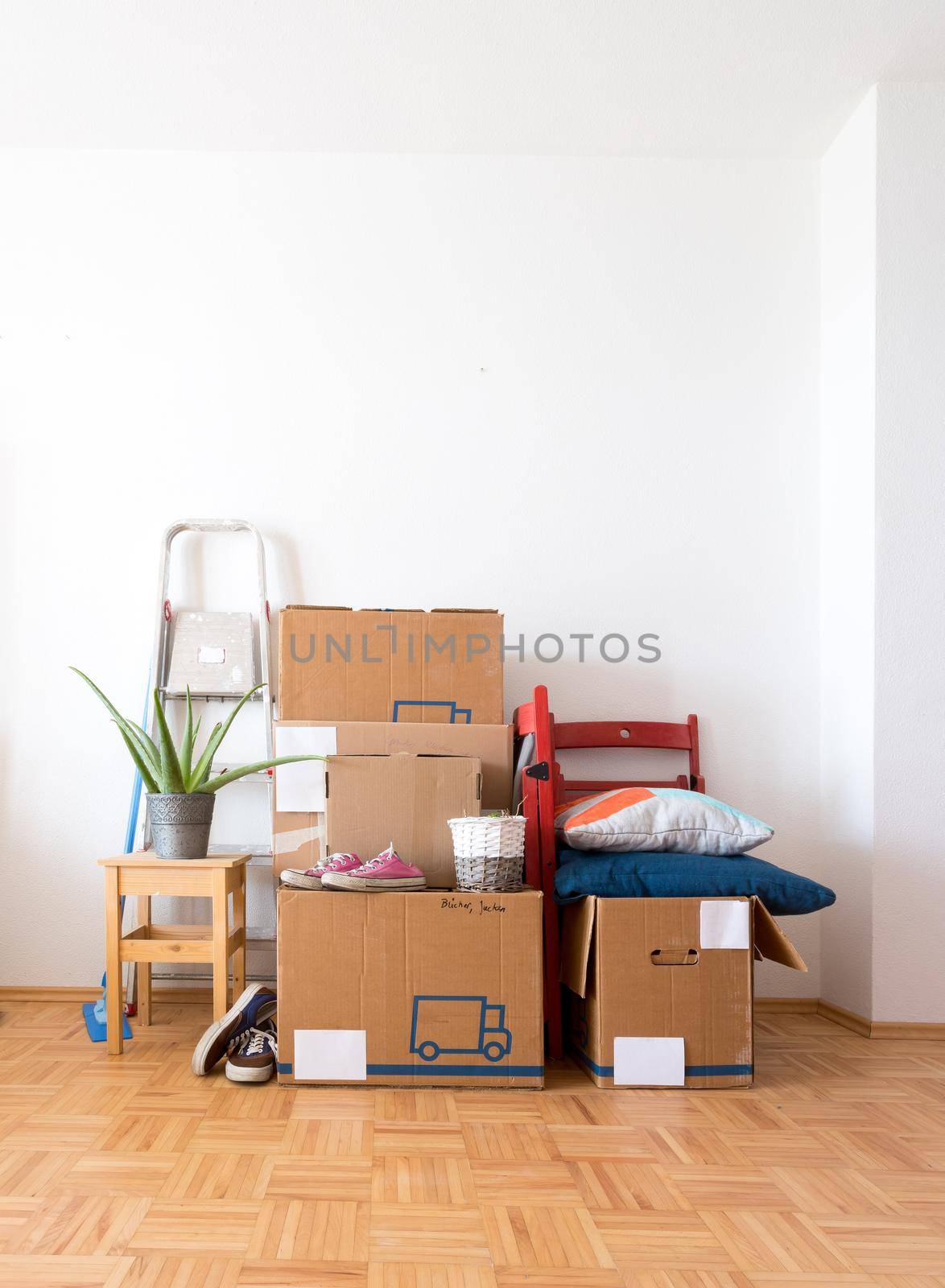 Move. Cardboard boxes, cleaning stuff and things for moving into a new home