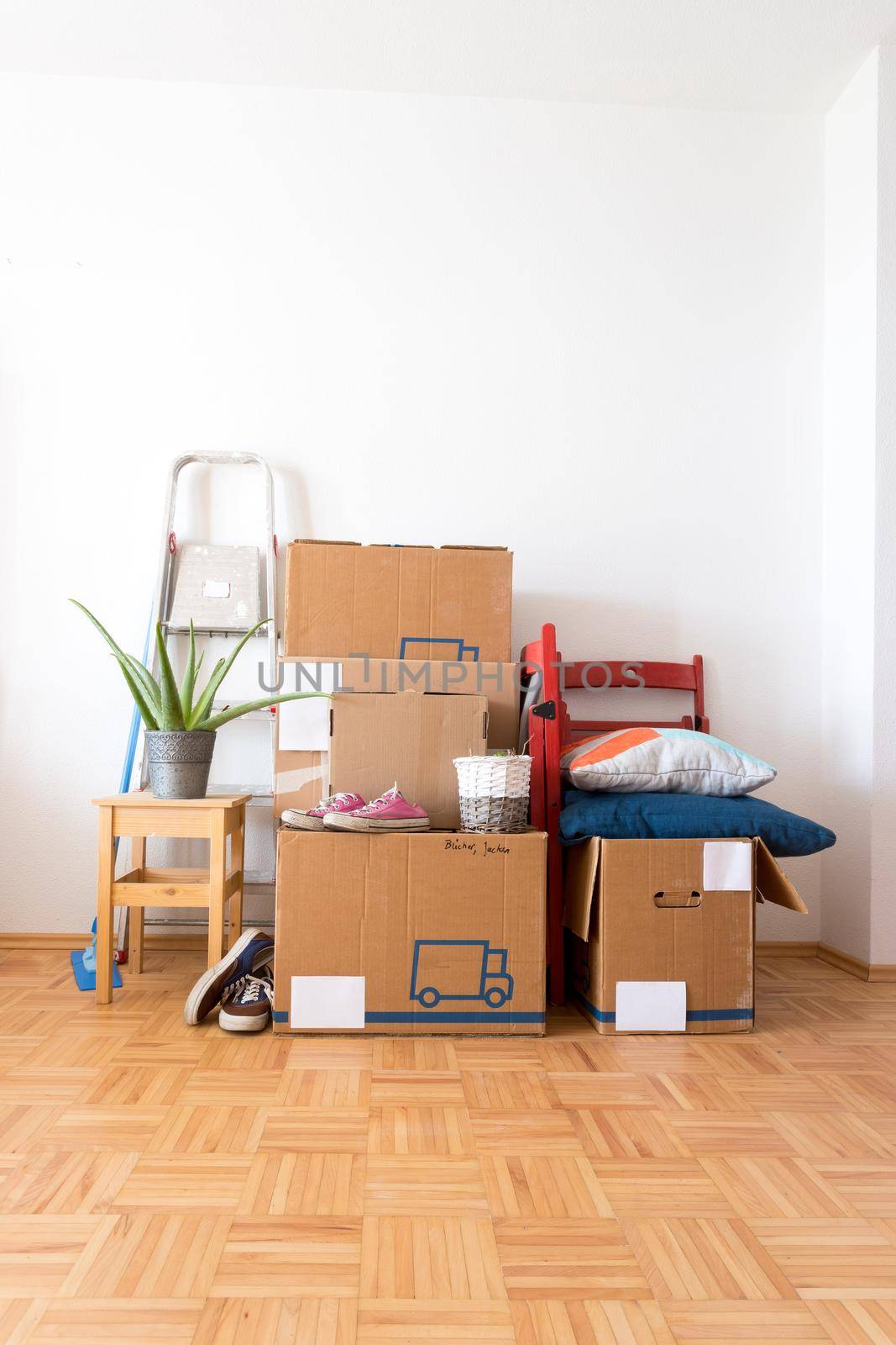 Move. Cardboard boxes, cleaning stuff and things for moving into a new home