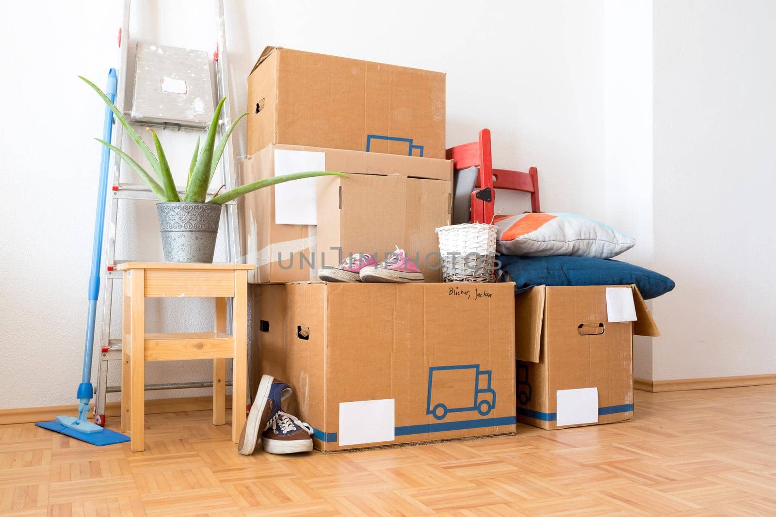 Move. Cardboard boxes, cleaning stuff and things for moving into a new home