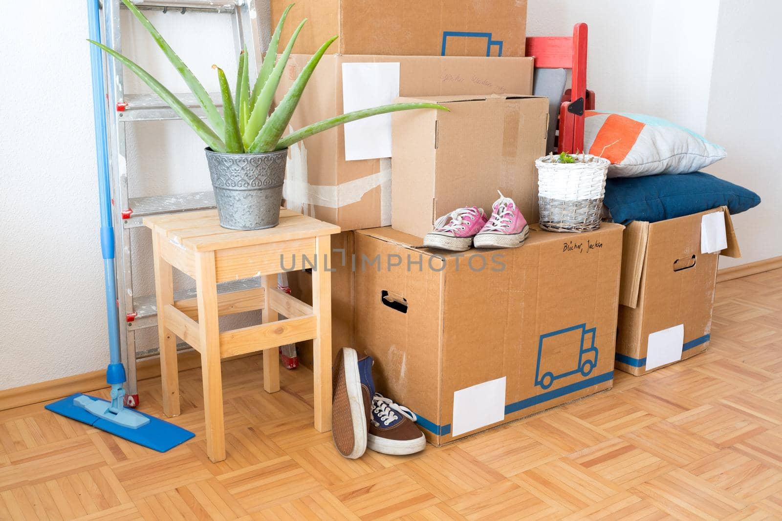 Move. Cardboard boxes, cleaning stuff and things for moving into a new home