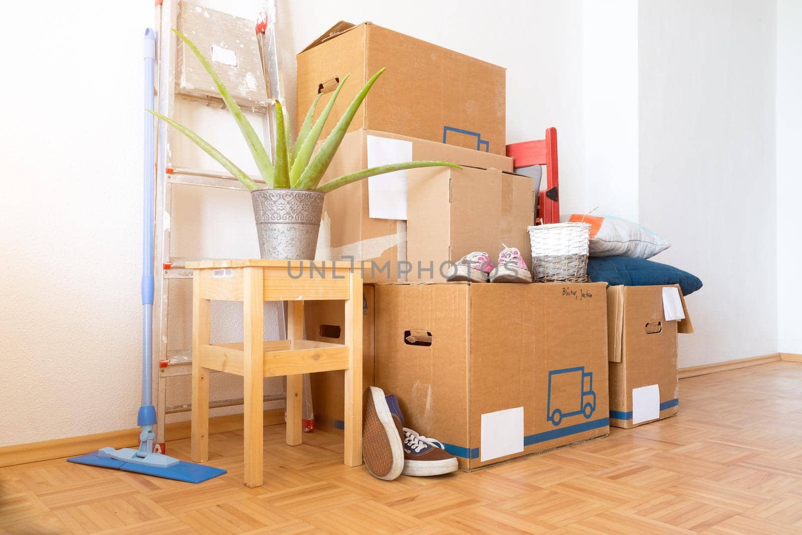 Move. Cardboard boxes, cleaning stuff and things for moving into a new home