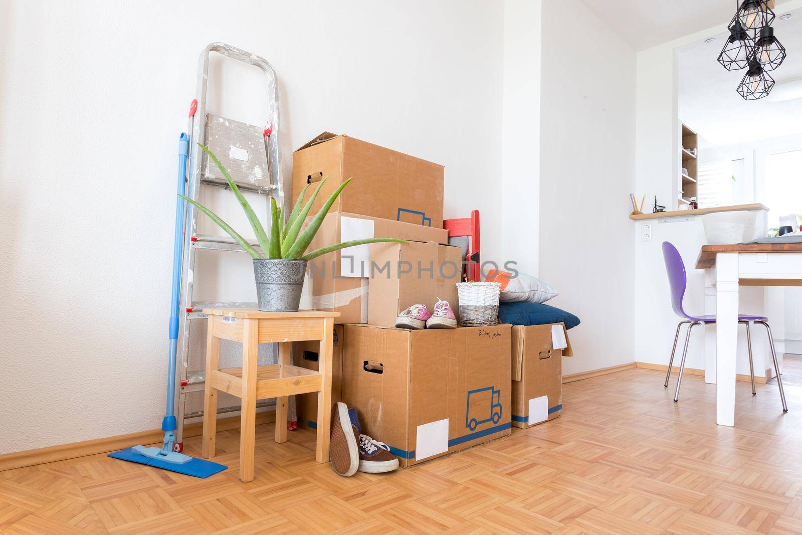 Move. Cardboard boxes, cleaning stuff and things for moving into a new home