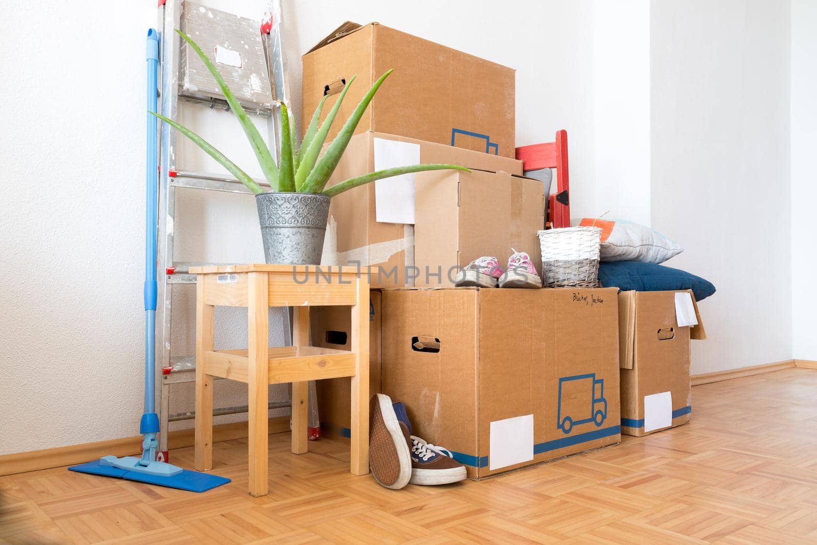 Move. Cardboard boxes, cleaning stuff and things for moving into a new home