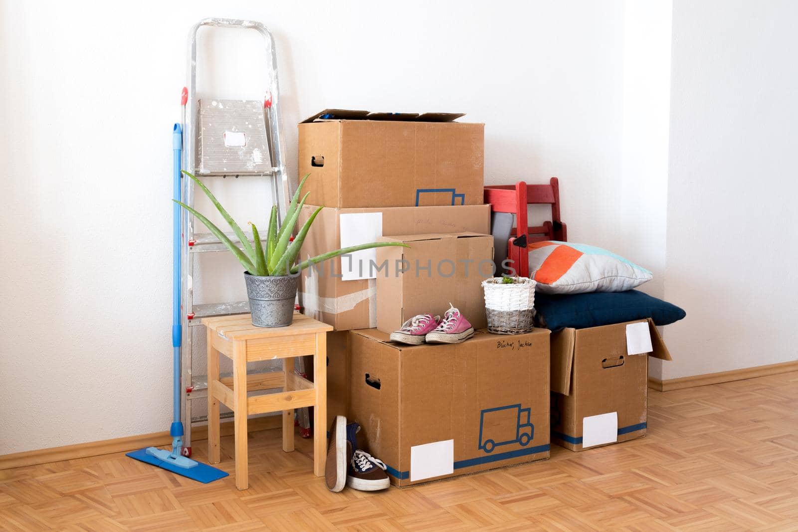 Move. Cardboard boxes, cleaning stuff and things for moving into a new home