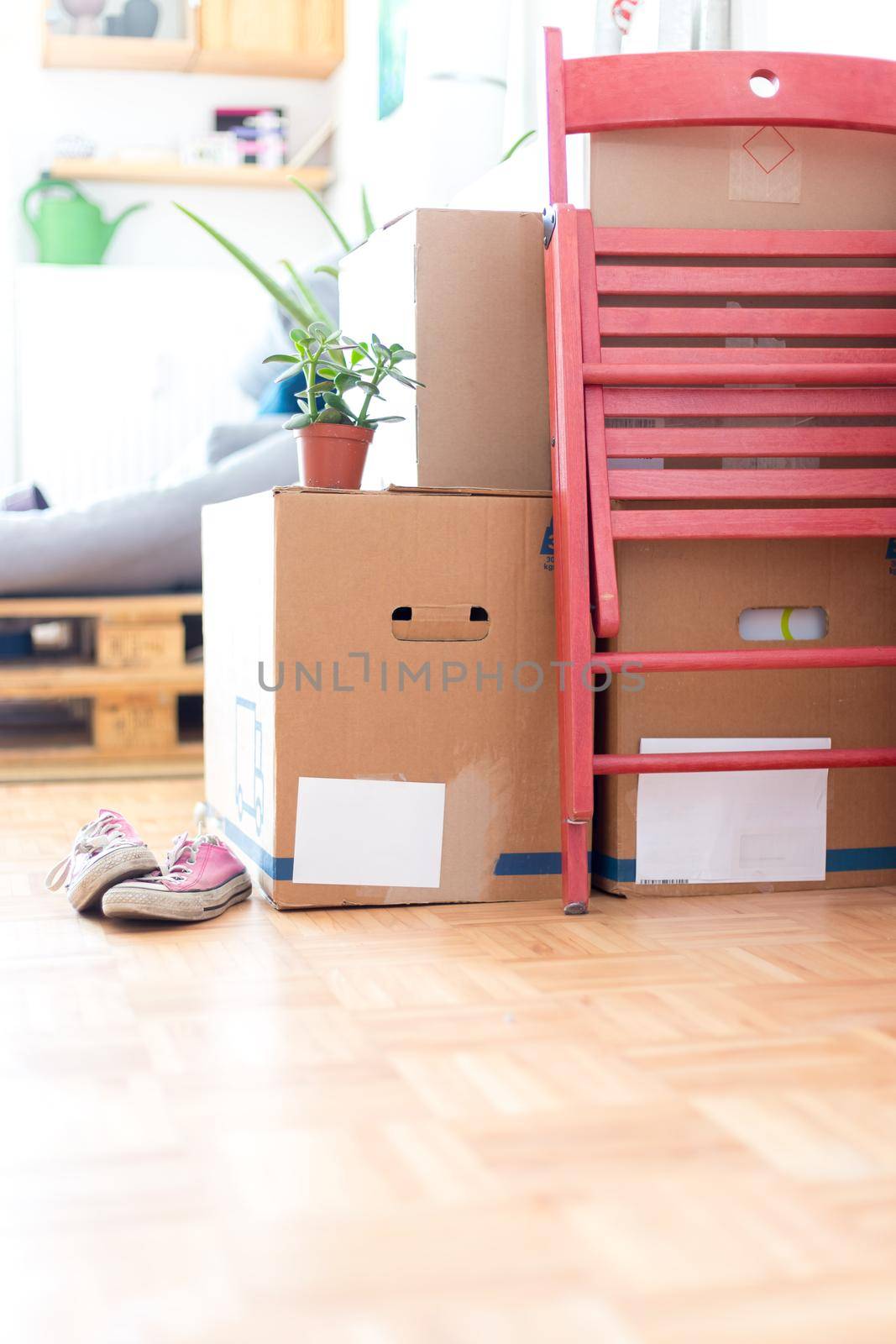 Move. Cardboard boxes, cleaning things and stuff for moving into a new, clean and bright home by Daxenbichler