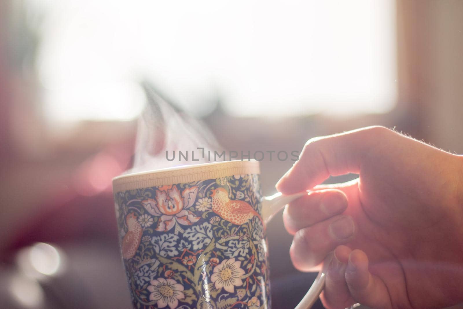 Steaming tea cup and sunlight, warm-up in winter