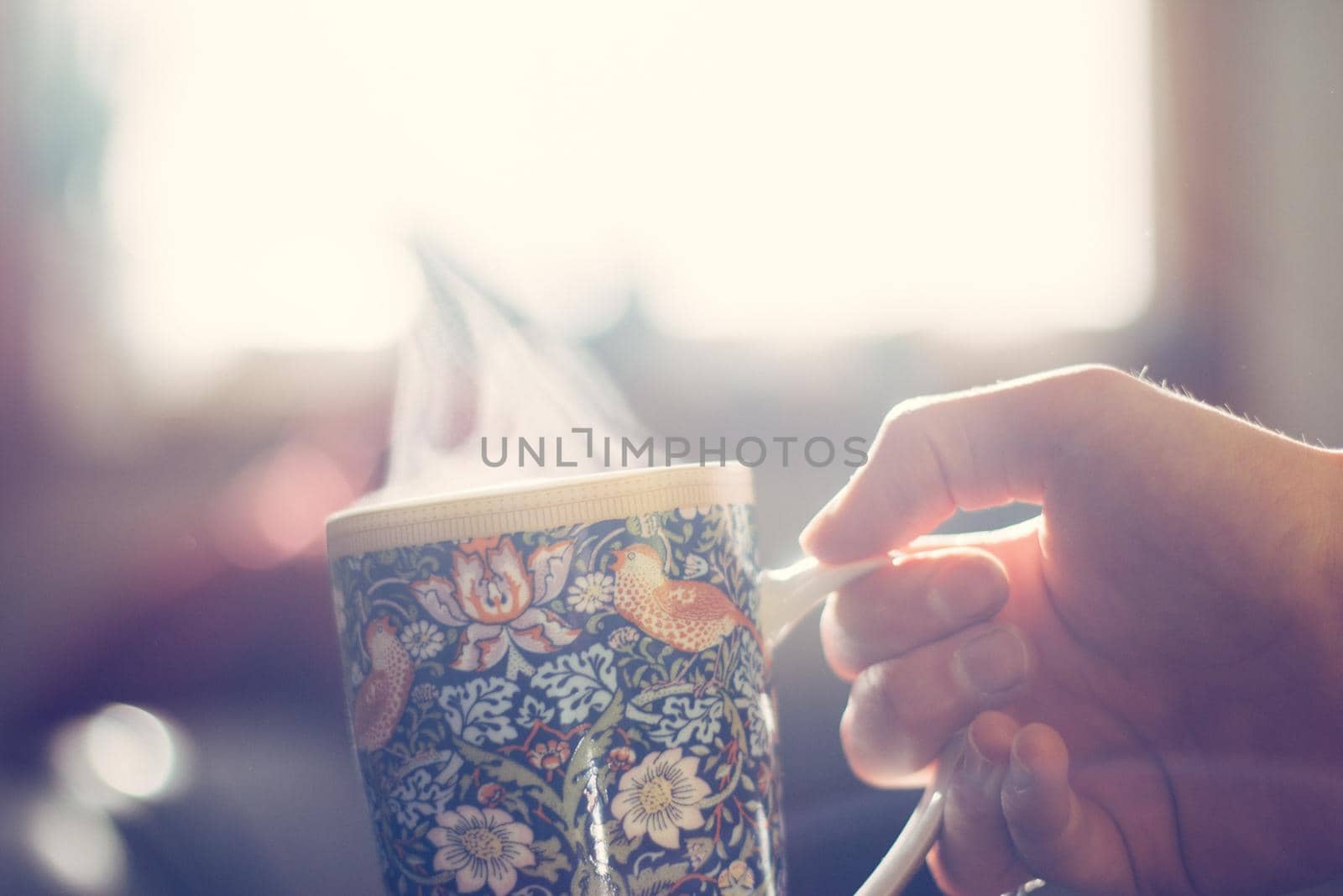 Steaming tea cup and sunlight, warm-up in winter
