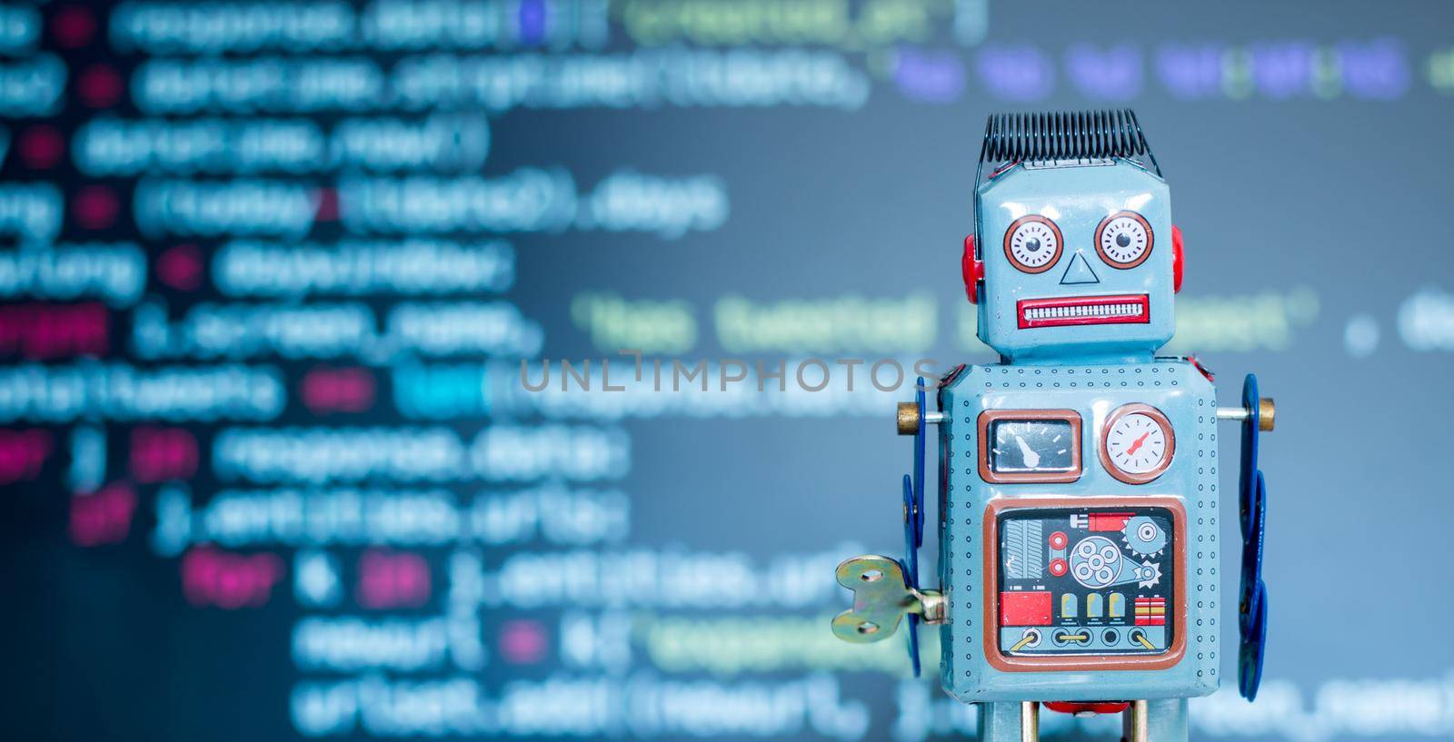 Symbol for a chatbot or social bot and algorithms, program code in the background