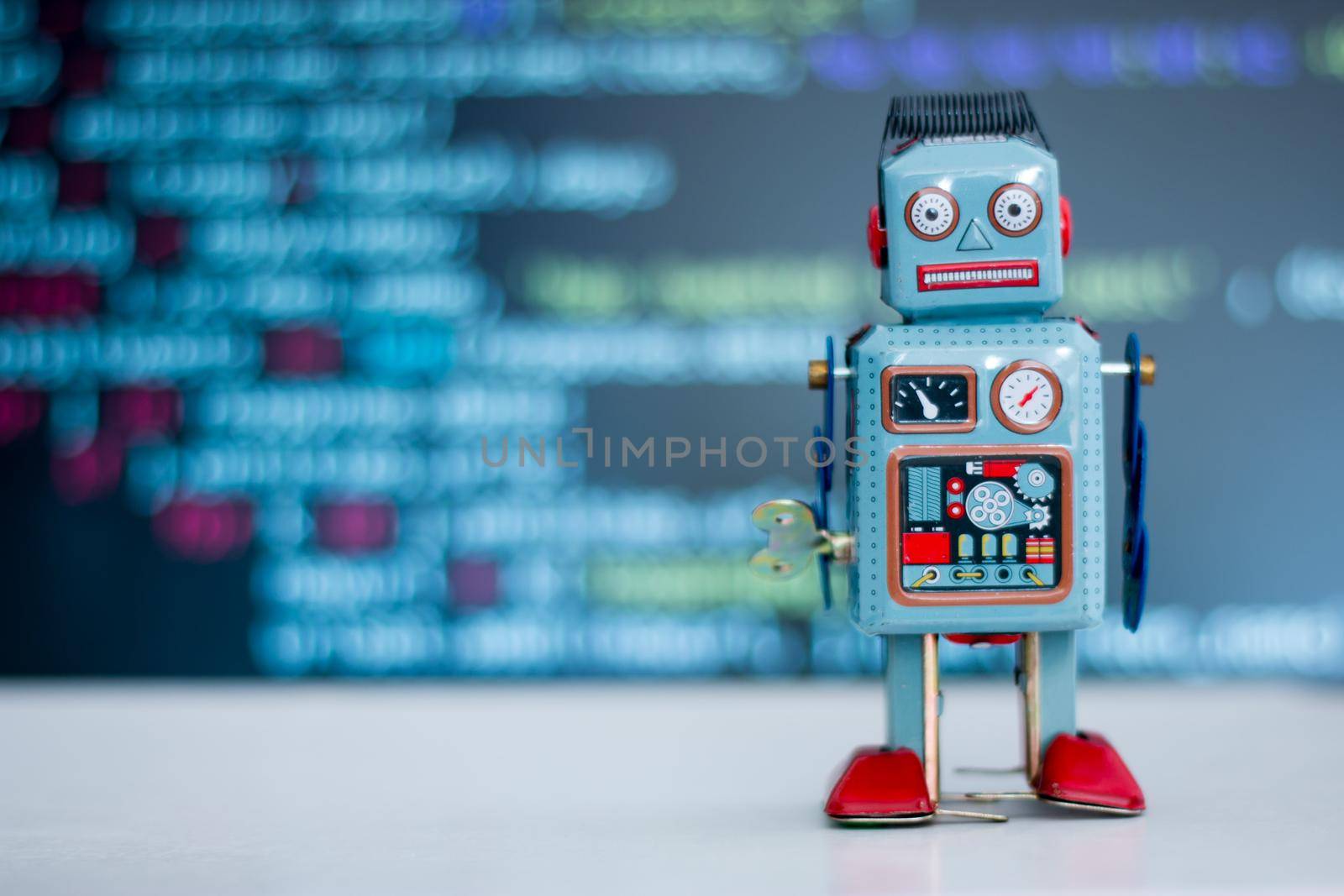 Symbol for a chatbot or social bot and algorithms, program code in the background