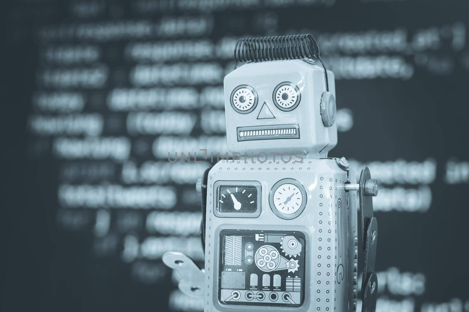 Symbol for a chatbot or social bot and algorithms, program code in the background