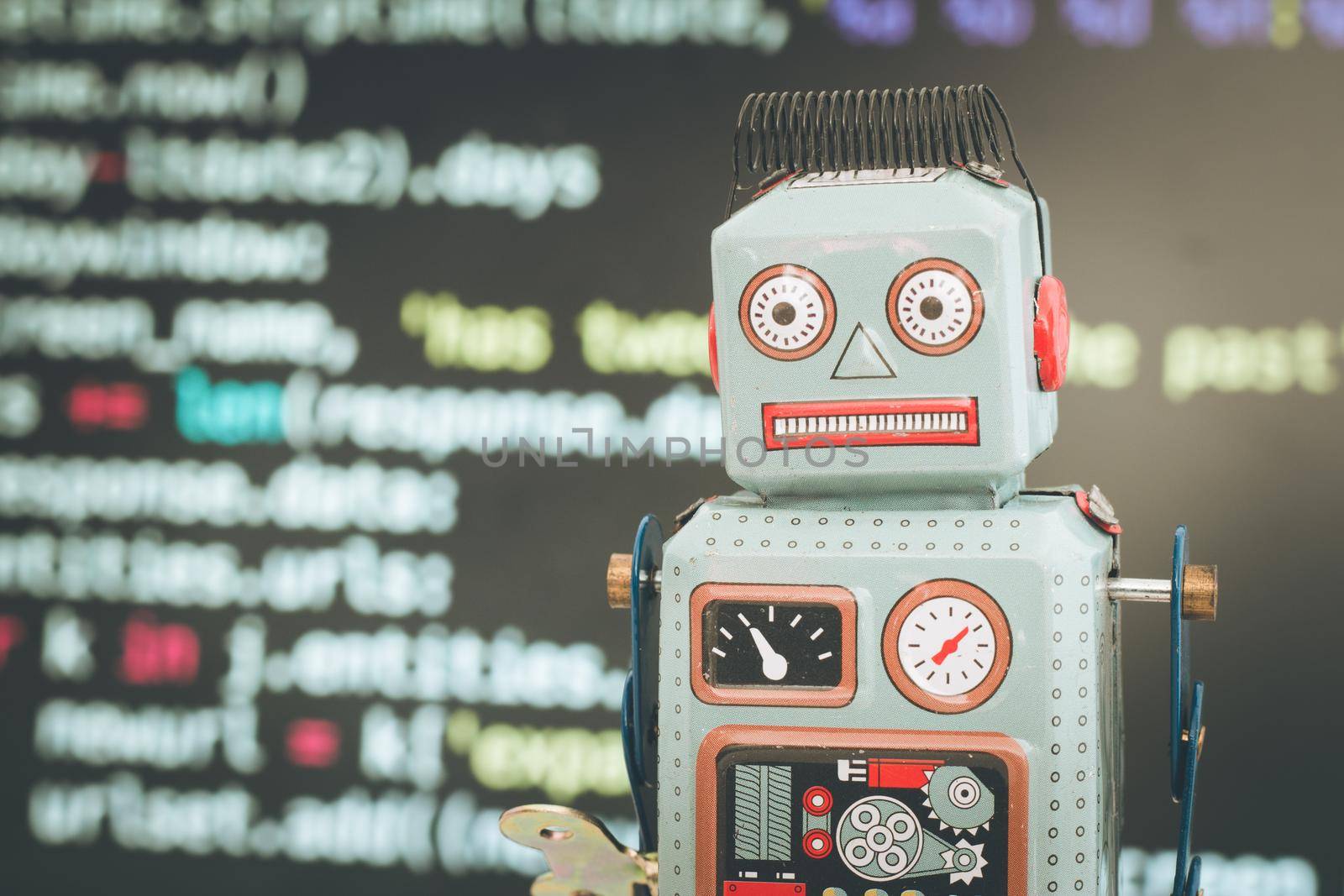 Symbol for a chatbot or social bot and algorithms, program code in the background