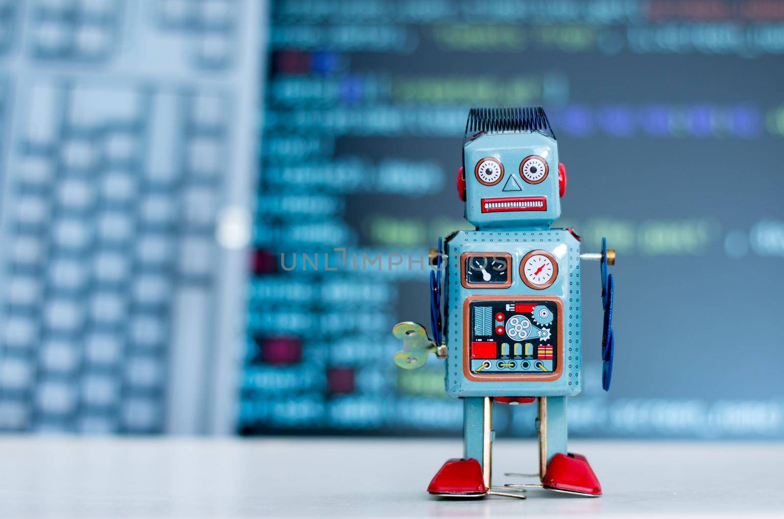 Symbol for a chatbot or social bot and algorithms, program code in the background